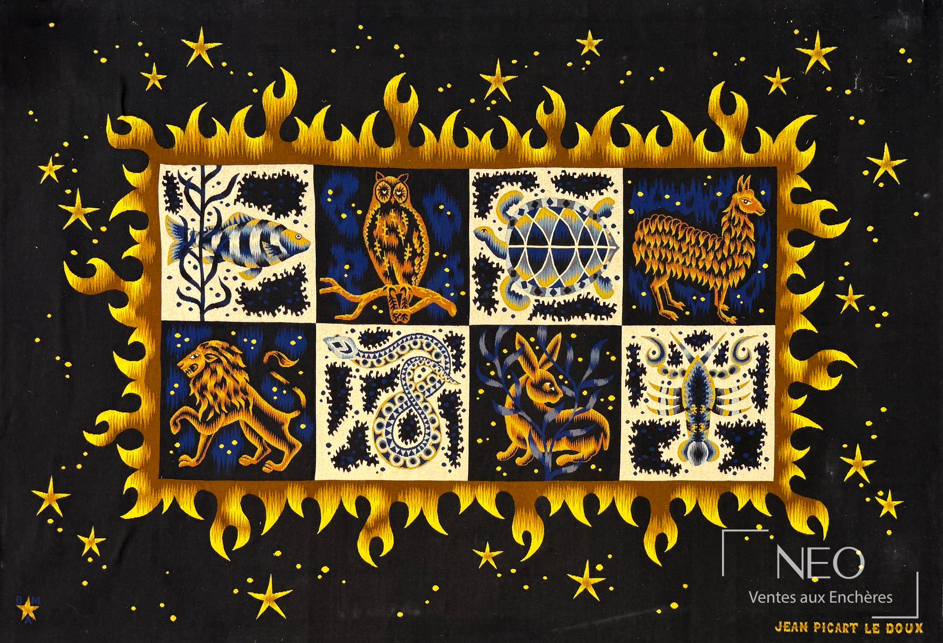 Tapisserie polychrome de Jean Picart Ledoux avec animaux et fond étoilé