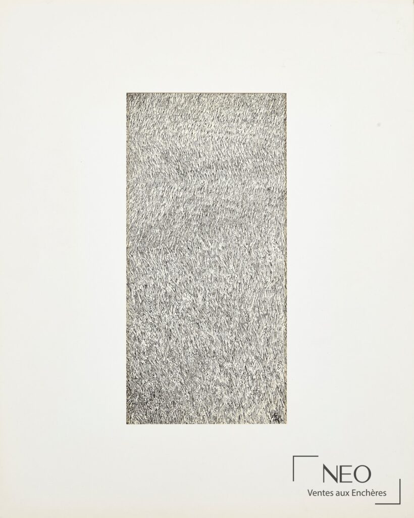 Dessin vertical de Jean-Pierre Stora à l’encre de Chine sur fond blanc