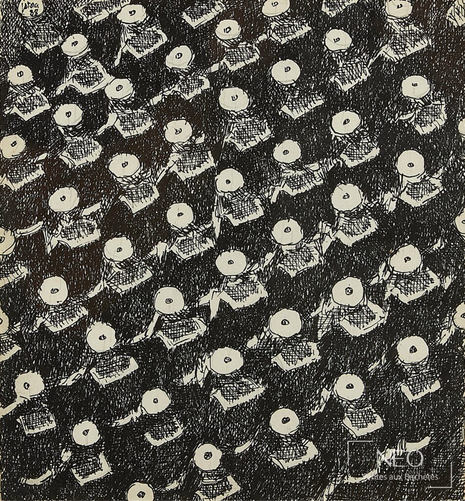 Dessin de Jean-Pierre Stora montrant un motif répété en encre noire.