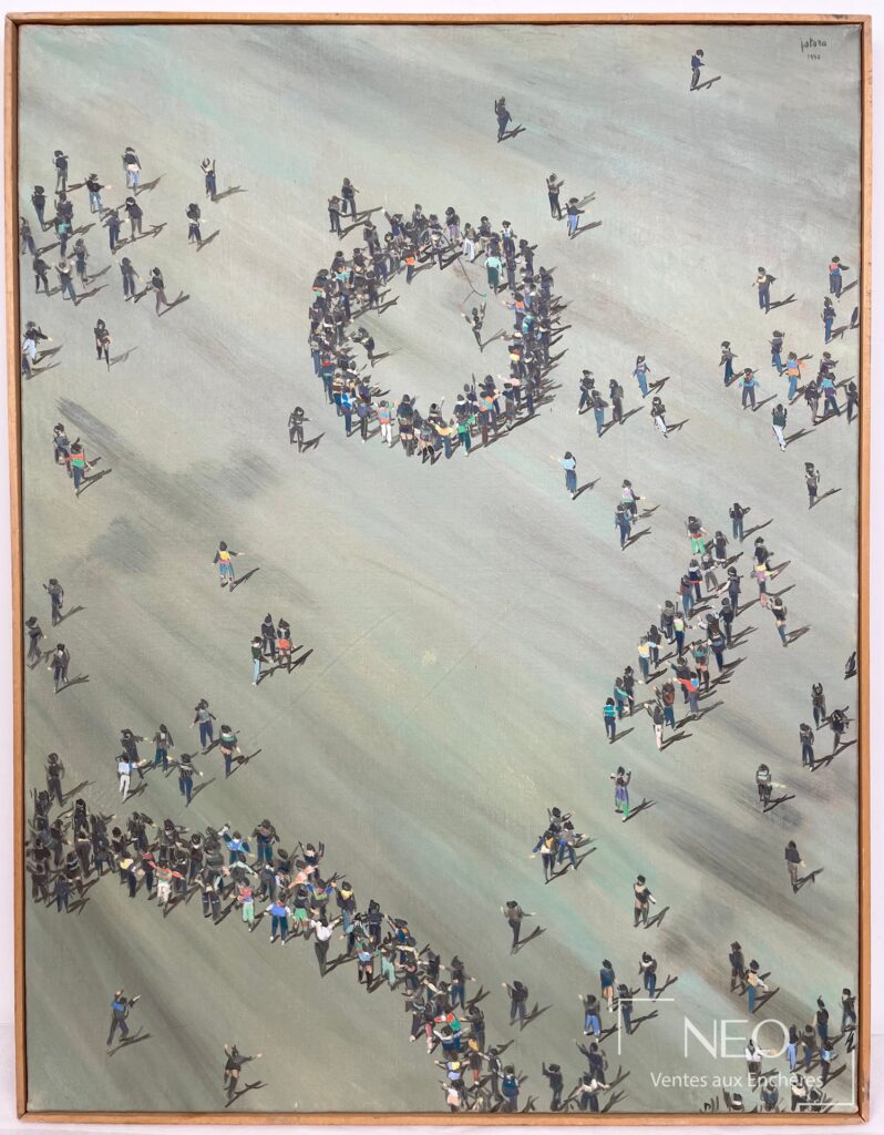 Composition de personnages vus en plongée autour du mot Beaubourg