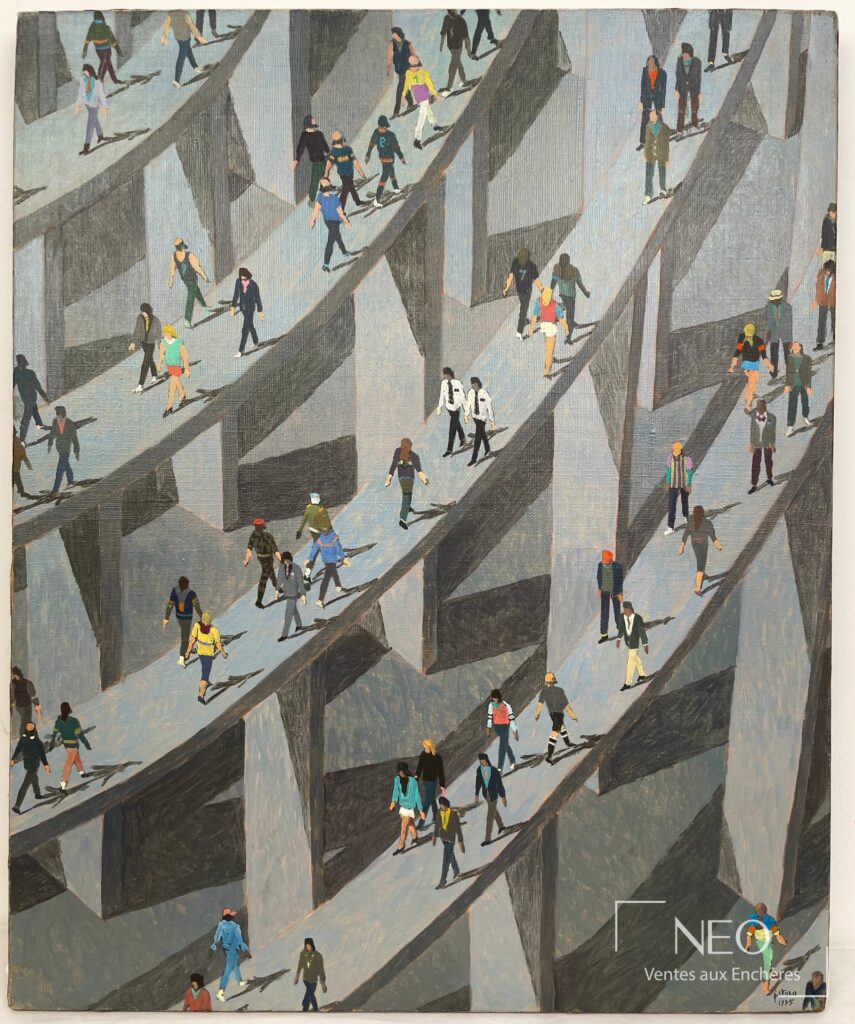 Huile sur toile montrant des passants sur des allées géométriques.
