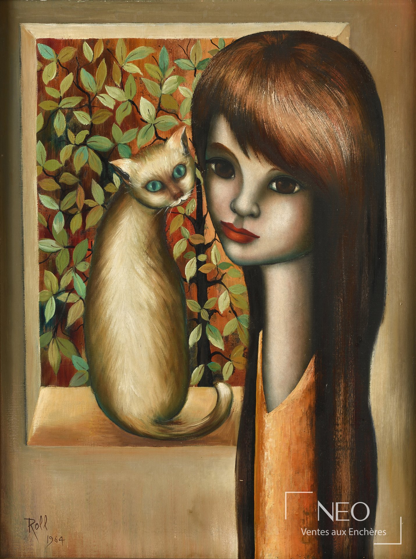 Huile sur toile représentant une femme au chat