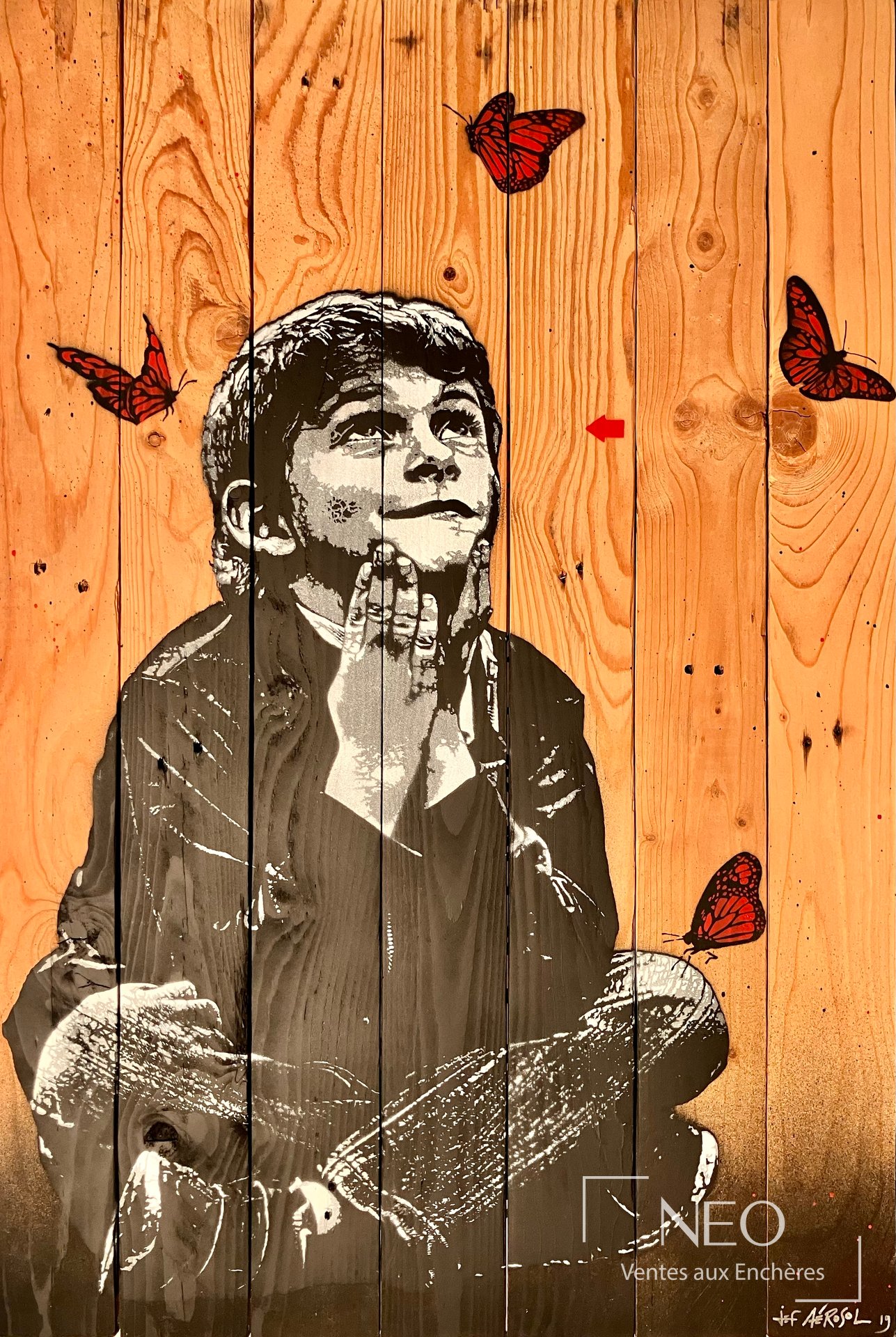 Pochoir de Jef Aérosol sur palissades de bois avec portrait central et papillons rouges