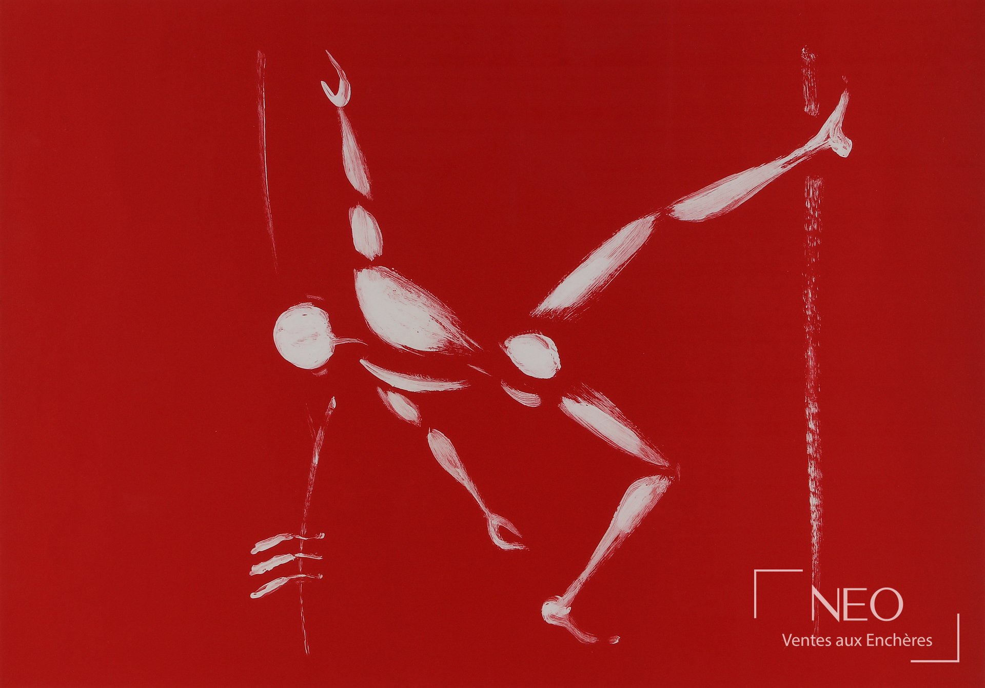 Lithographie en couleurs de Jérôme Mesnager représentant une silhouette blanche sur fond rouge