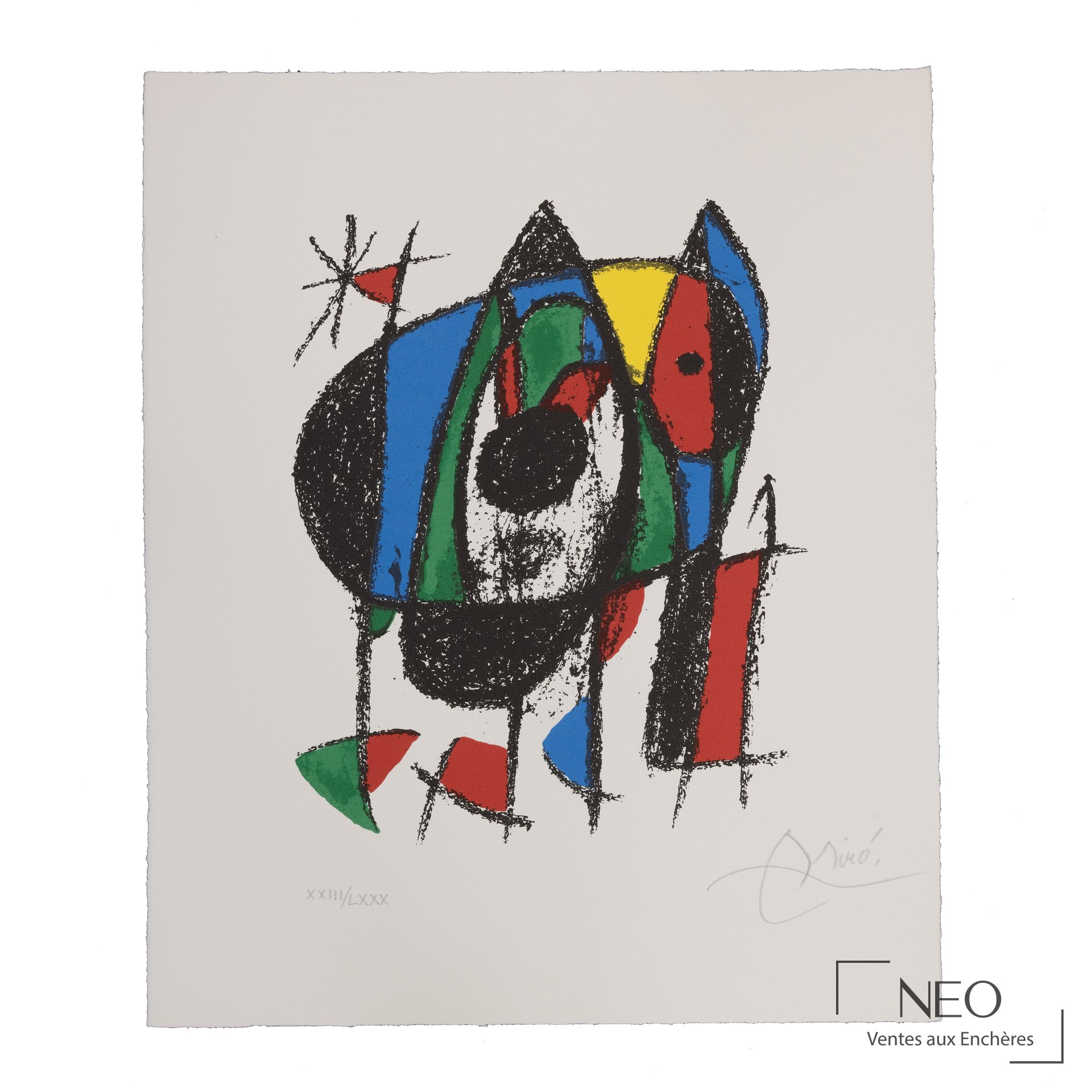 Lithographie en couleurs de Joan Miró avec composition abstraite et numérotation au crayon