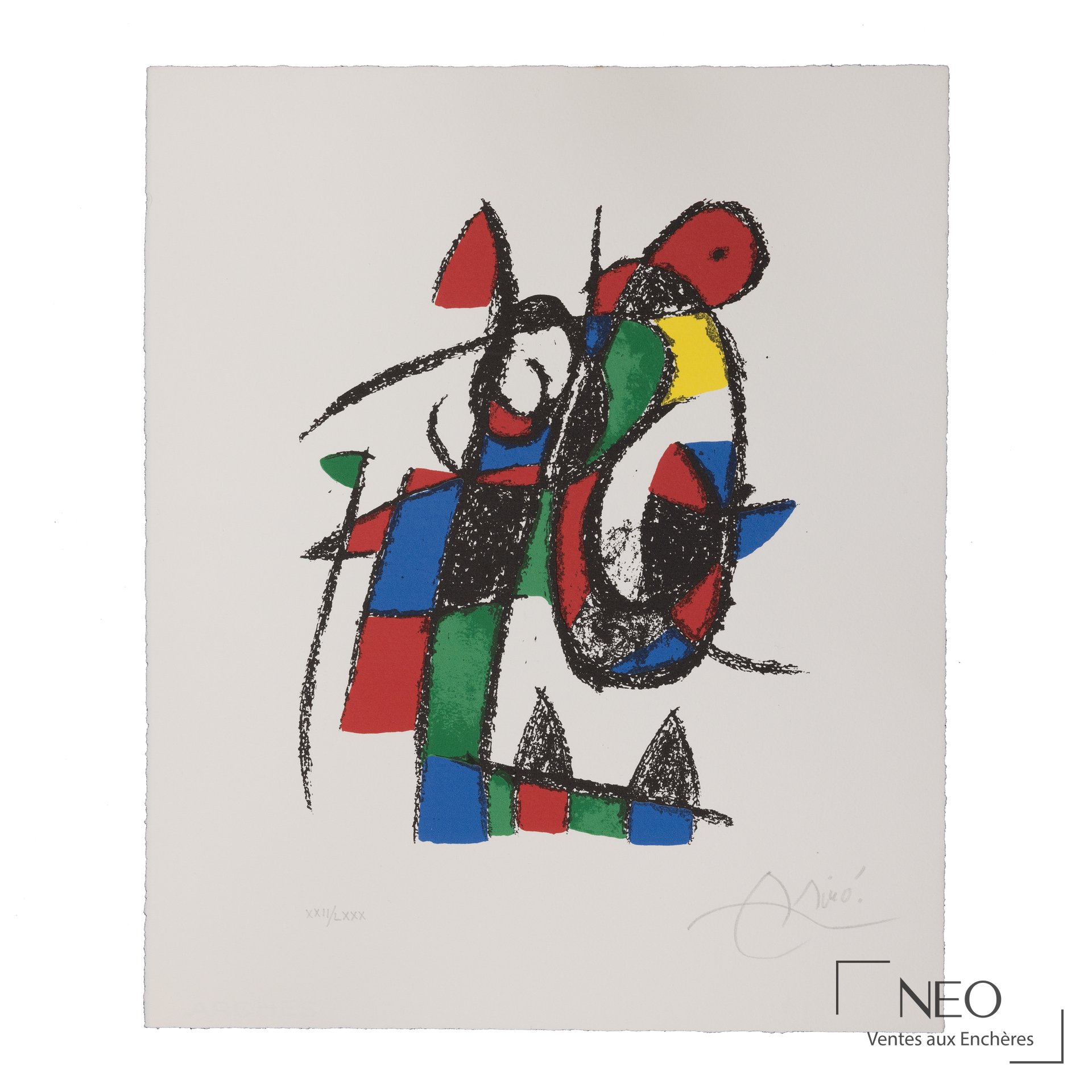 Lithographie abstraite de Joan Miró en couleurs sur fond blanc