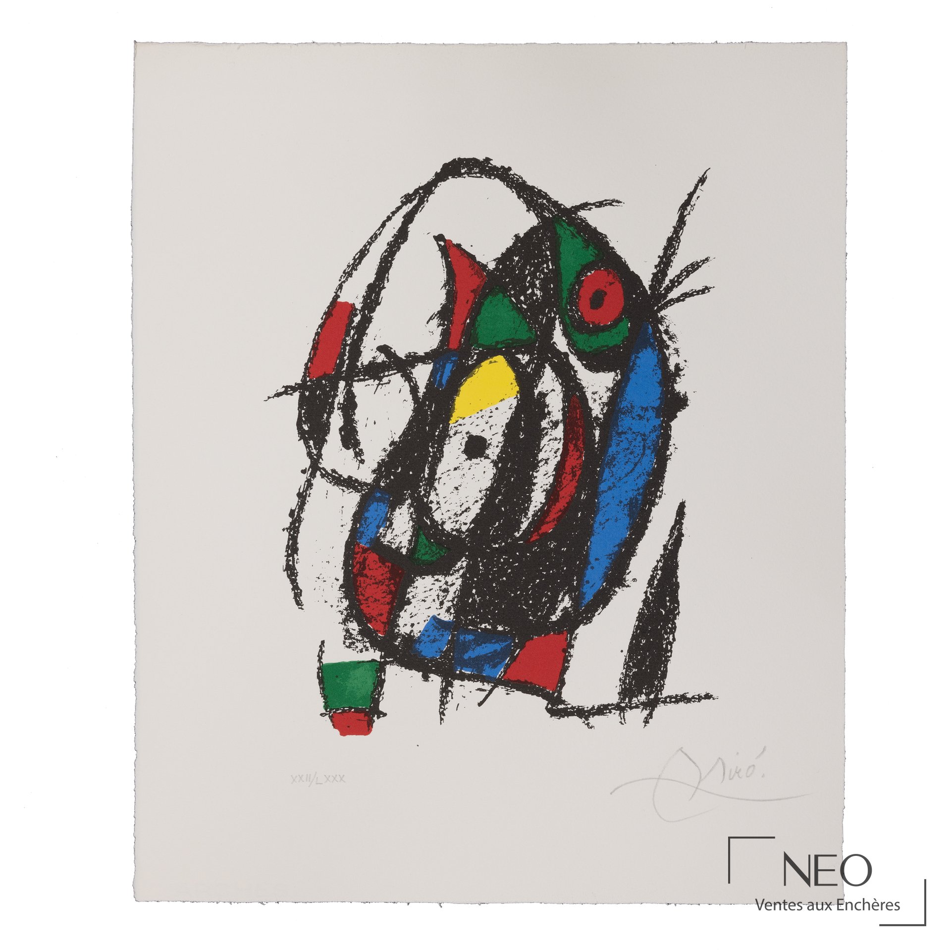 Lithographie en couleurs de Joan Miró montrant une composition abstraite sur vélin d'Arches