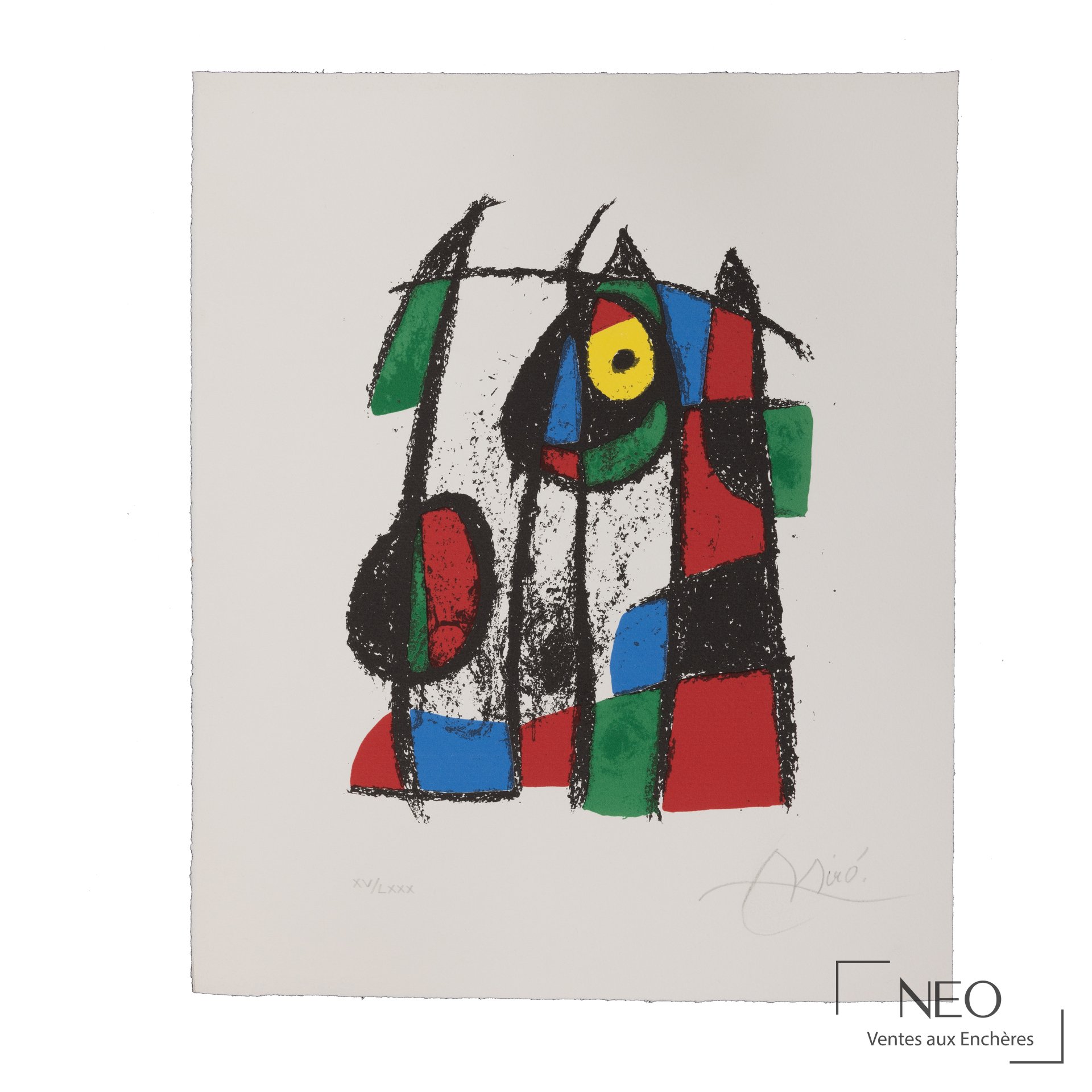 Lithographie abstraite de Joan Miró aux couleurs vives sur fond blanc