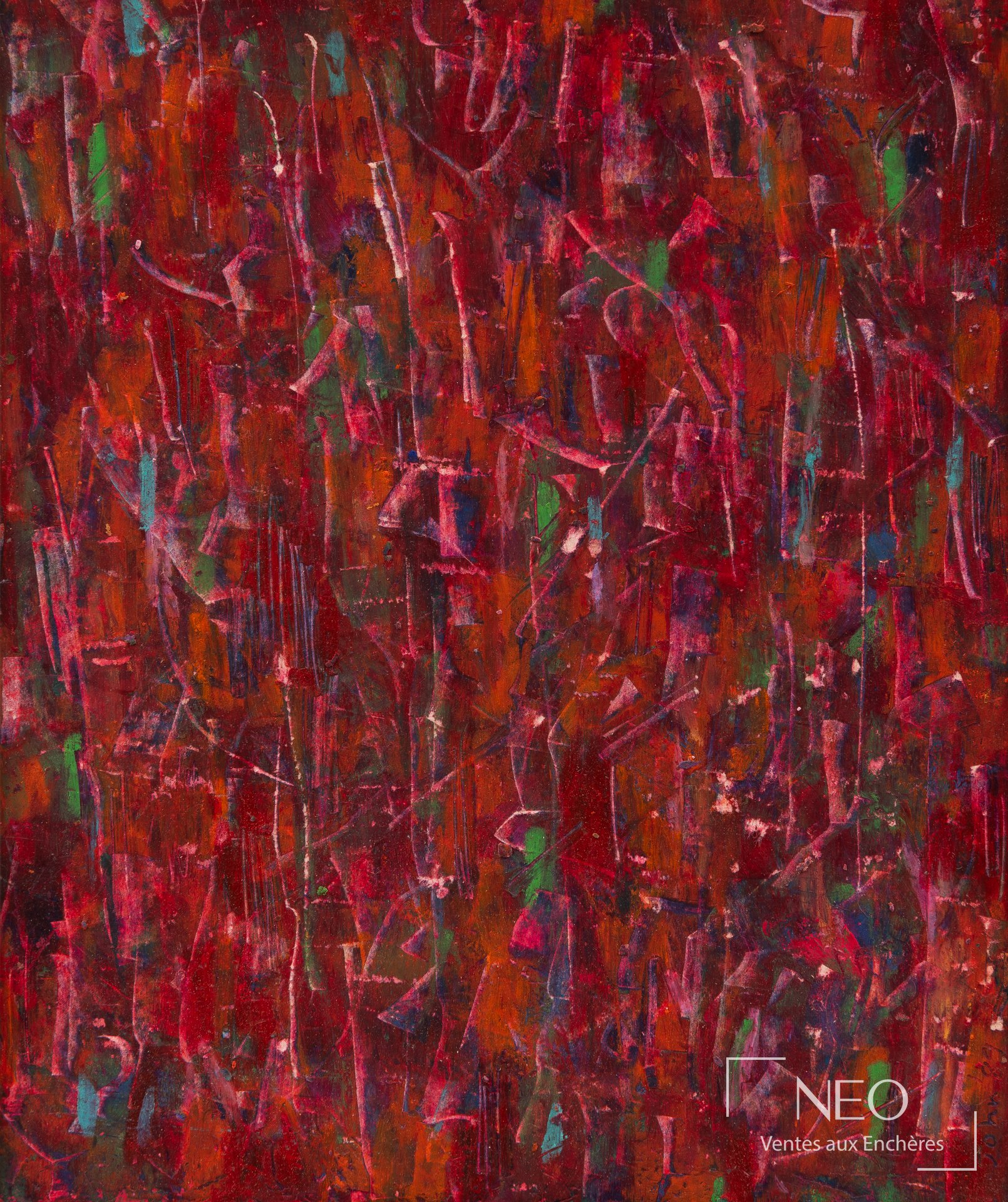 John Tun Sein, composition abstraite en rouge, pastel sur papier