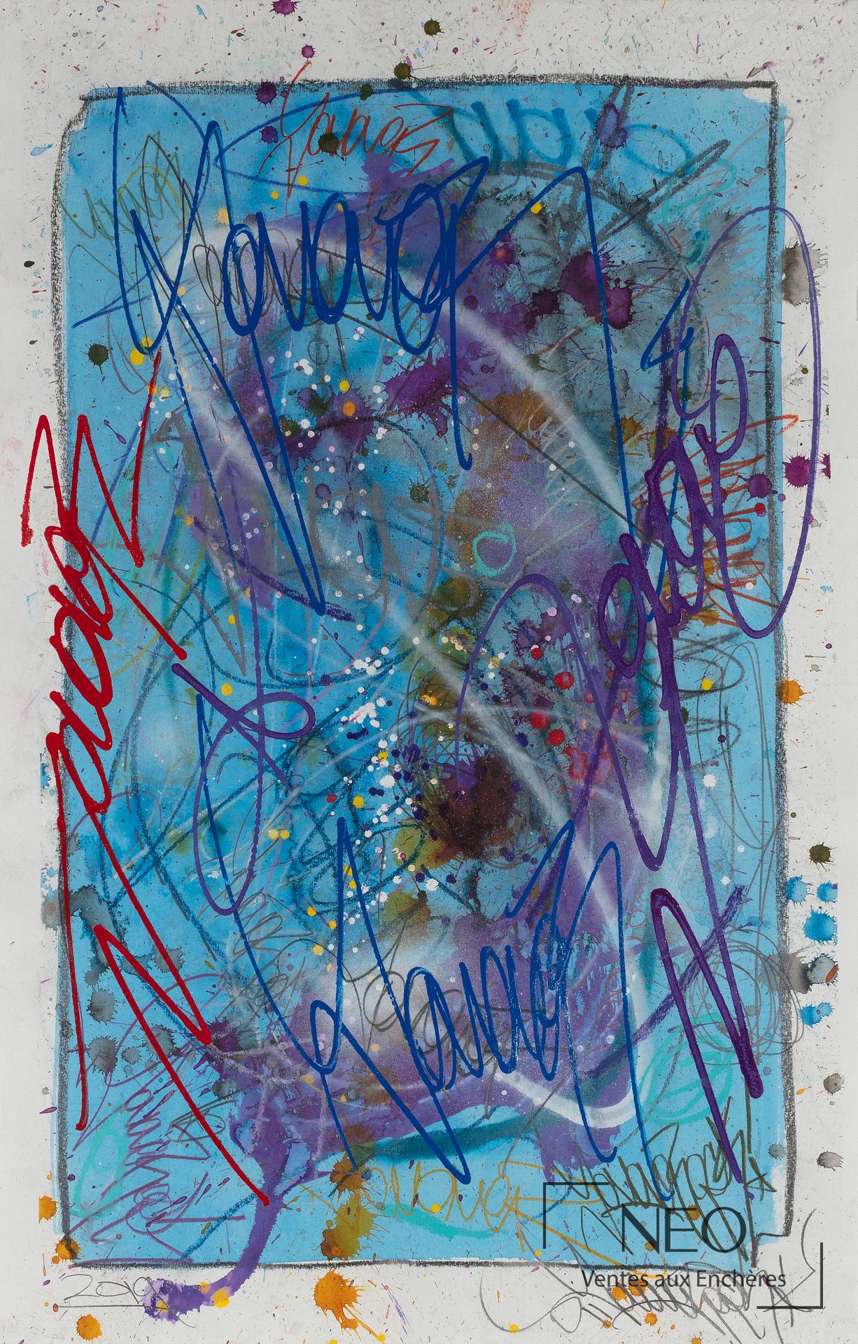 Œuvre de JonOne sur papier dominée par un fond bleu et des tracés gestuels multicolores