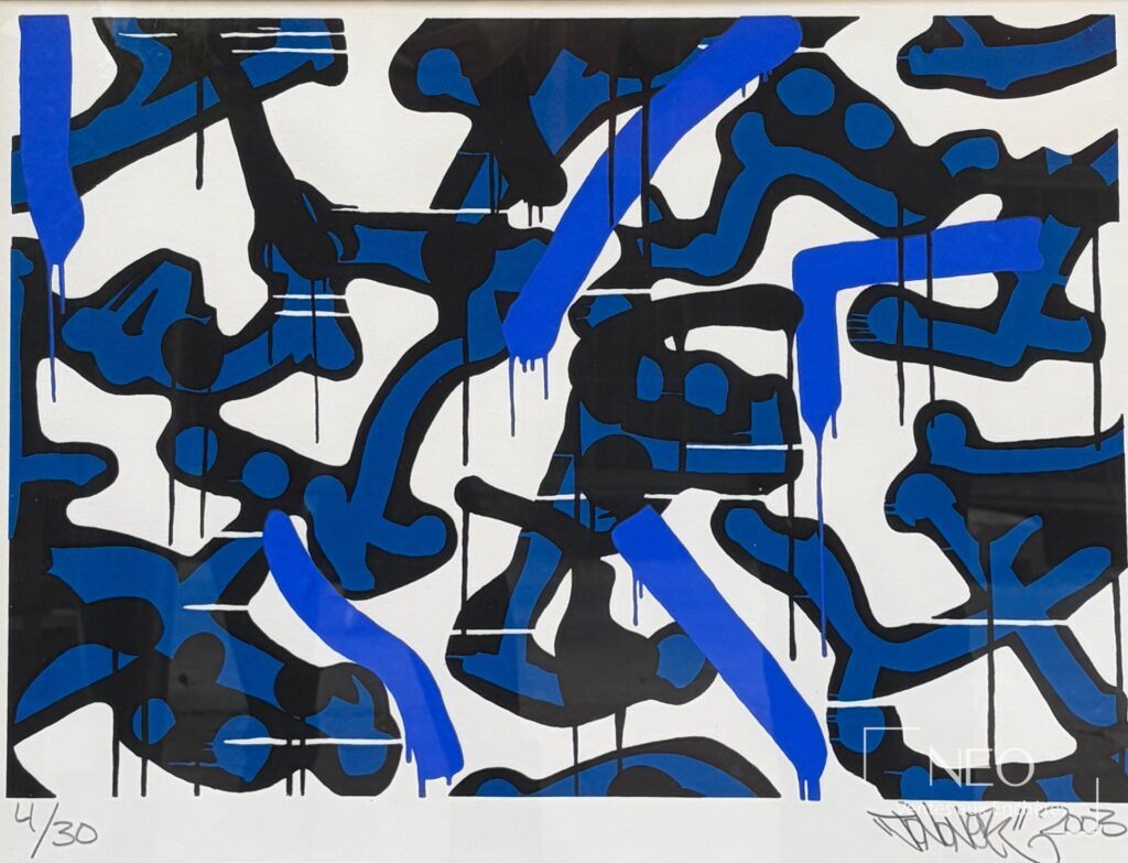 Sérigraphie abstraite de JonOne aux aplats noirs et bleus sur fond blanc