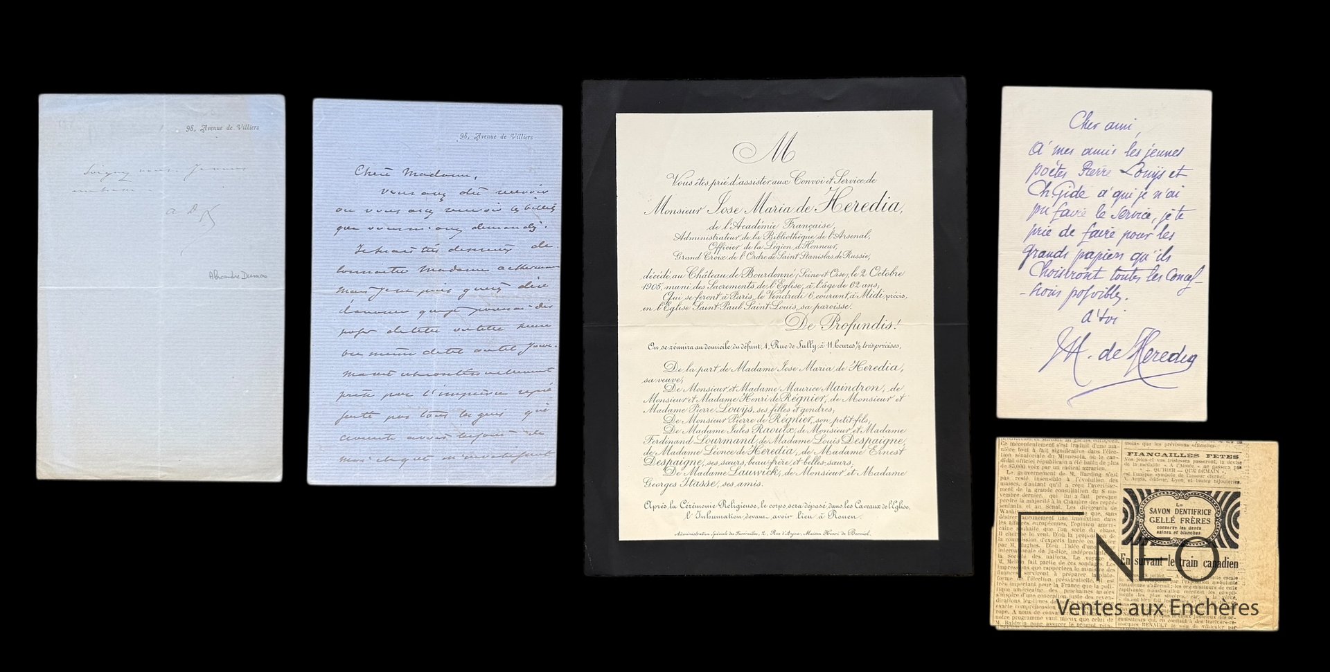 José Maria de Heredia, billet autographe signé, avec lettre d’Alexandre Dumas fils