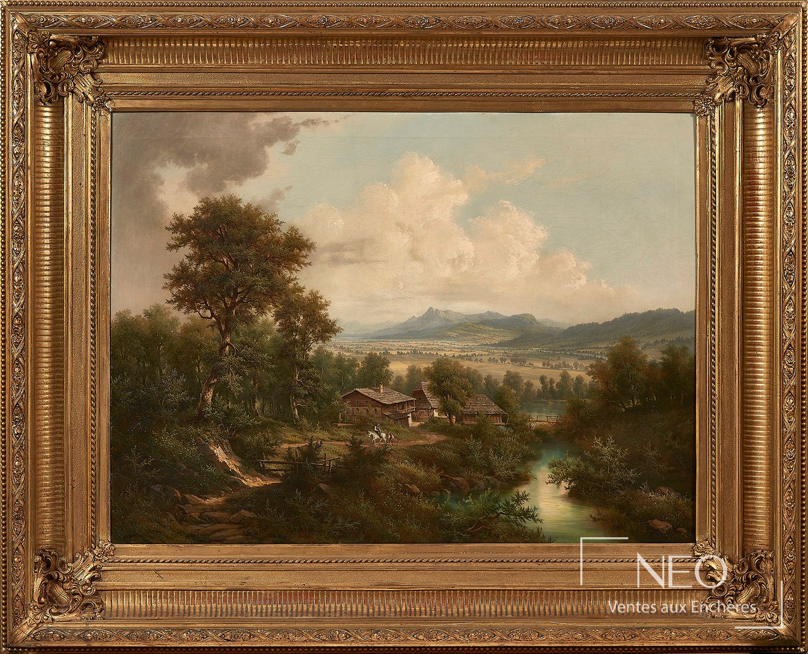 Paysage lacustre animé attribué à Josef Burgaritzky dans un cadre doré