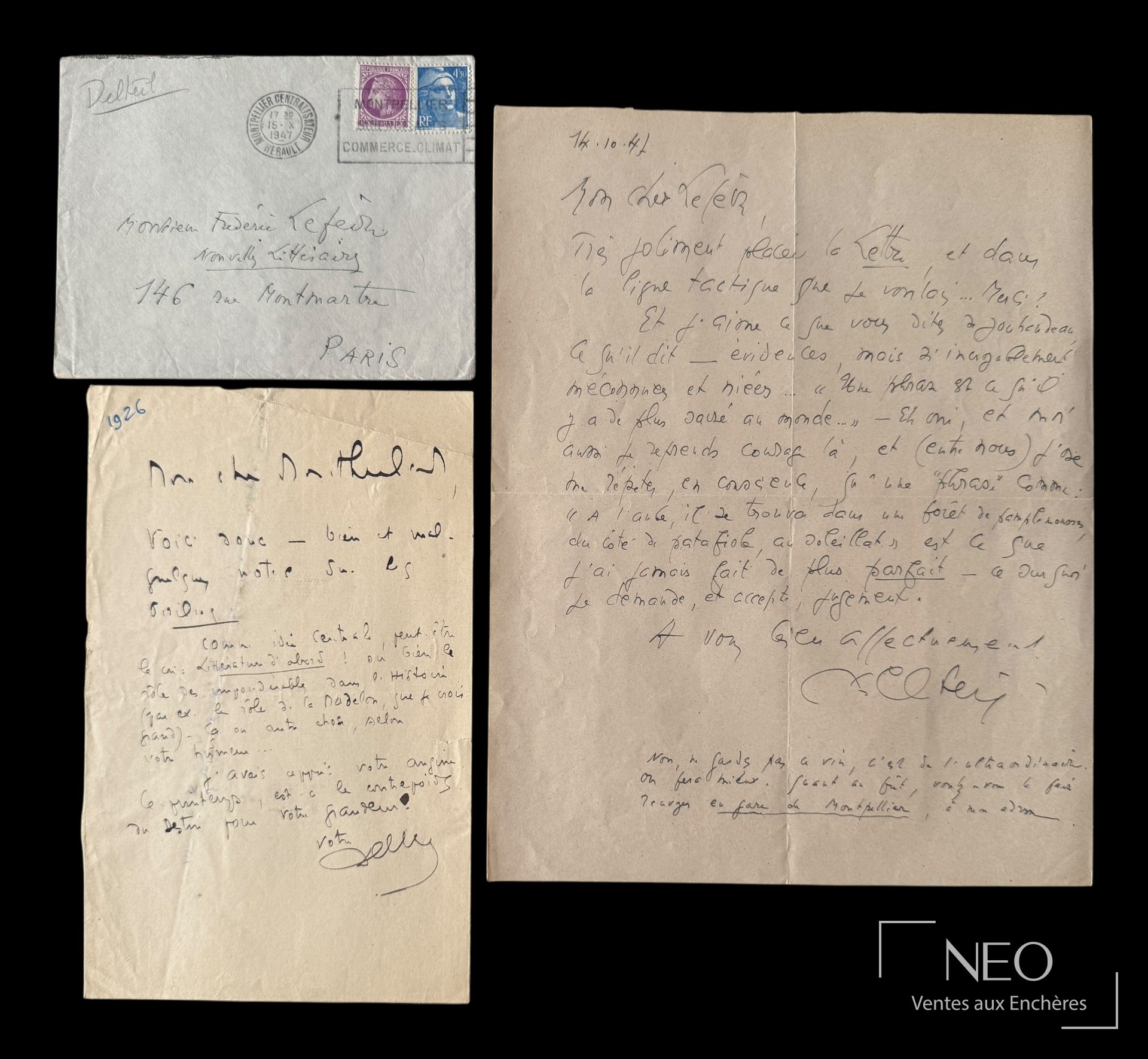 Joseph Delteil – ensemble de 2 lettres autographes signées, 1947