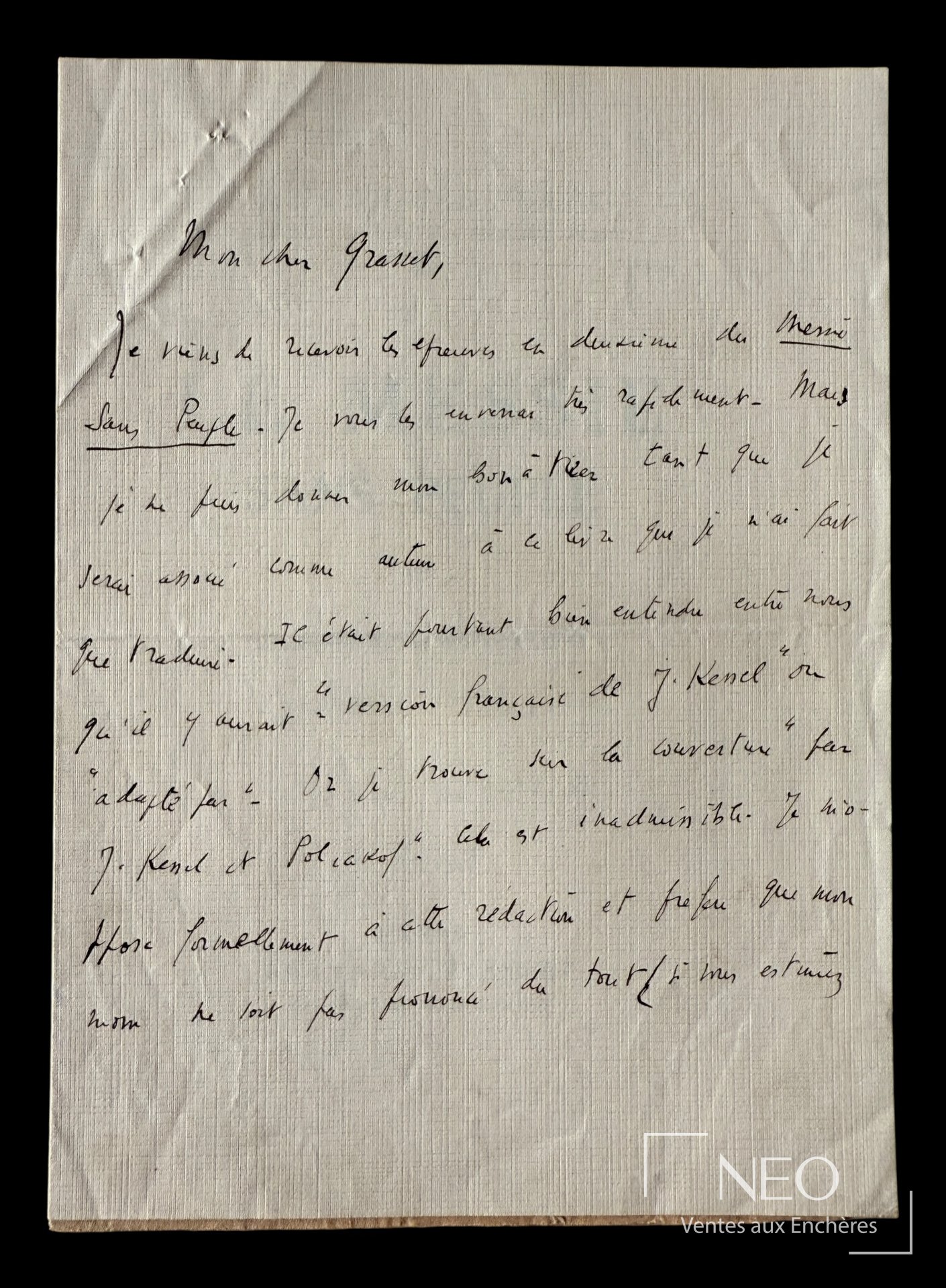 Joseph Kessel, lettre autographe signée à Bernard Grasset, avec épreuve corrigée