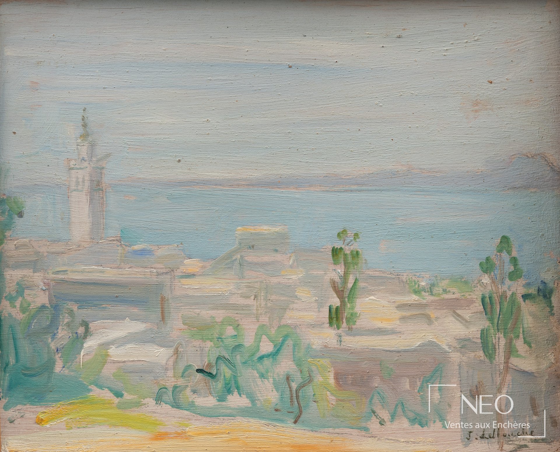 Vue de Sidi Bou Saïd peinte à l'huile sur panneau de bois