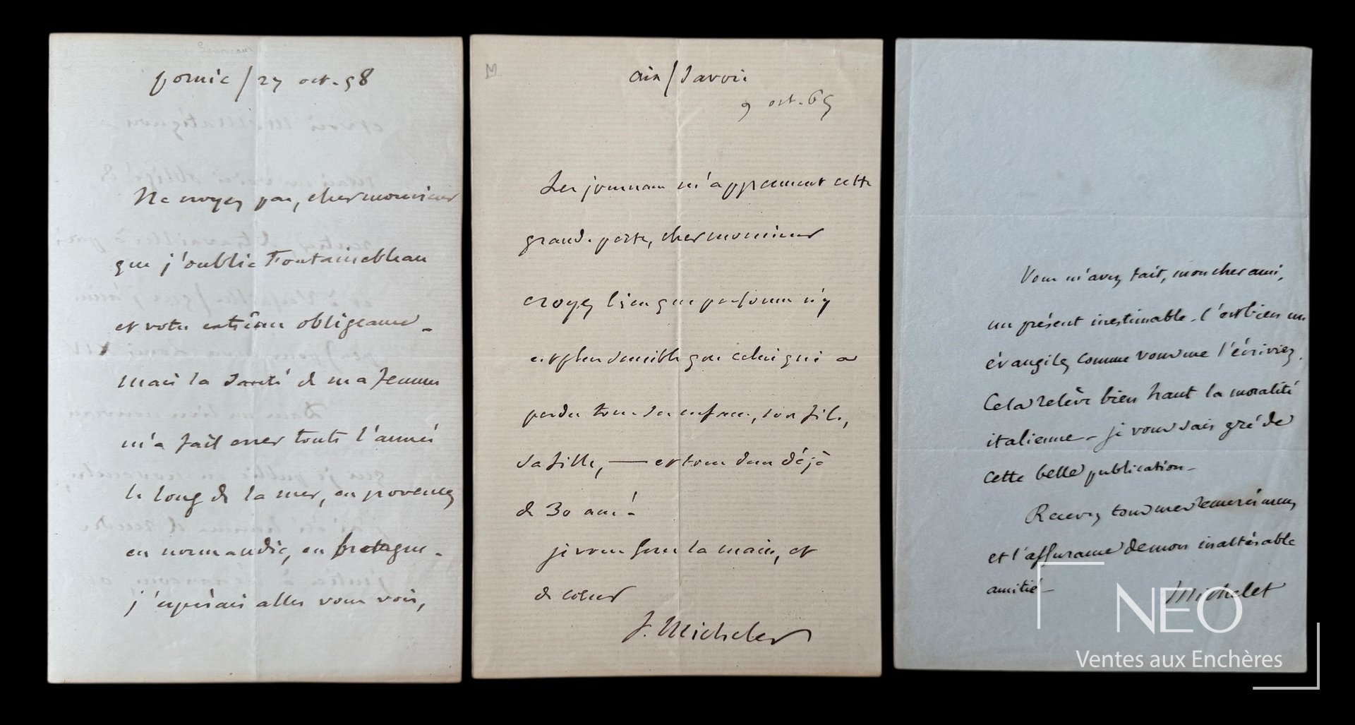 Jules Michelet, ensemble de trois lettres autographes signées