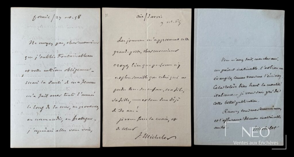 Trois lettres autographes signées de Jules Michelet présentées côte à côte