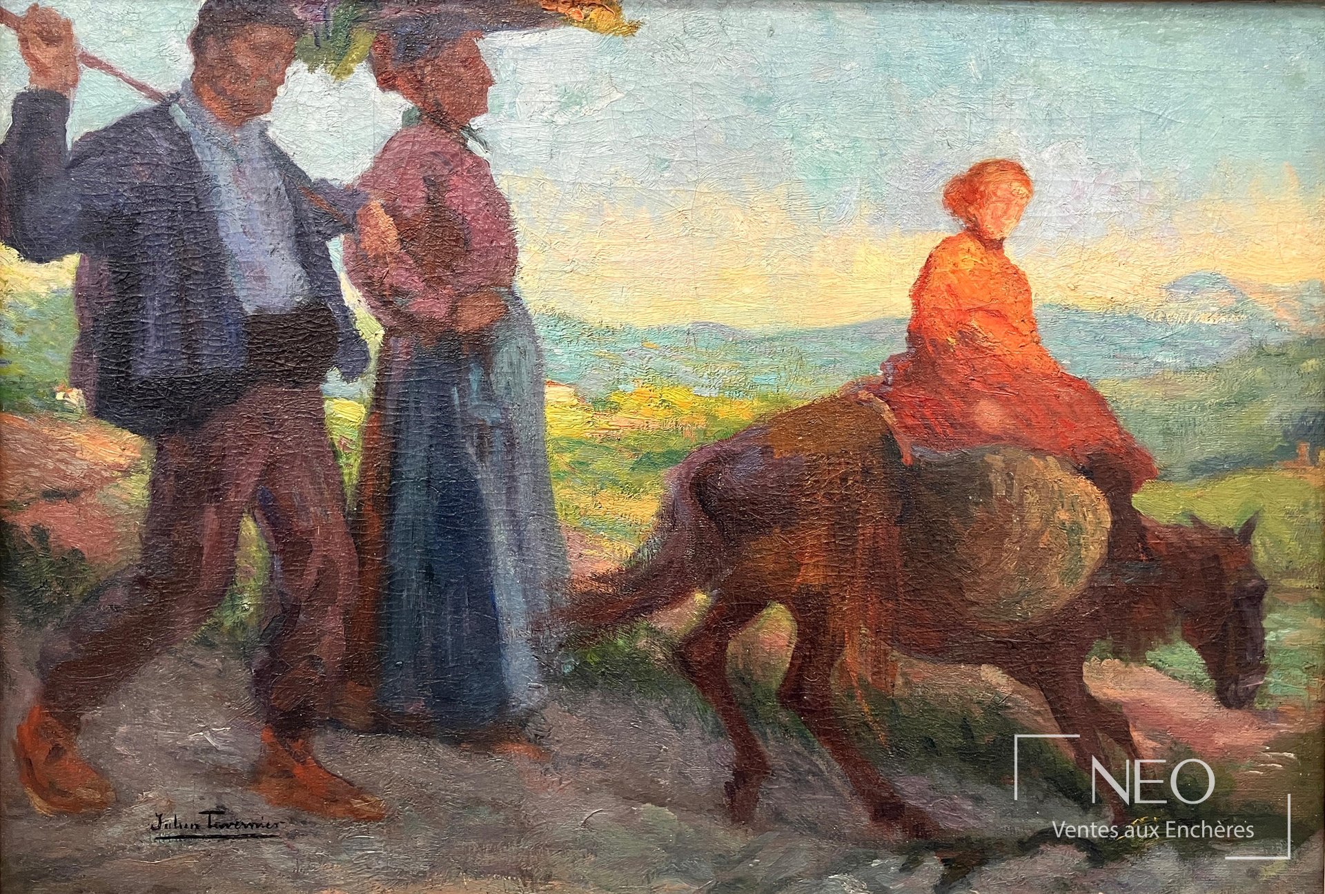 Huile sur toile représentant une famille de paysans basques dans un paysage