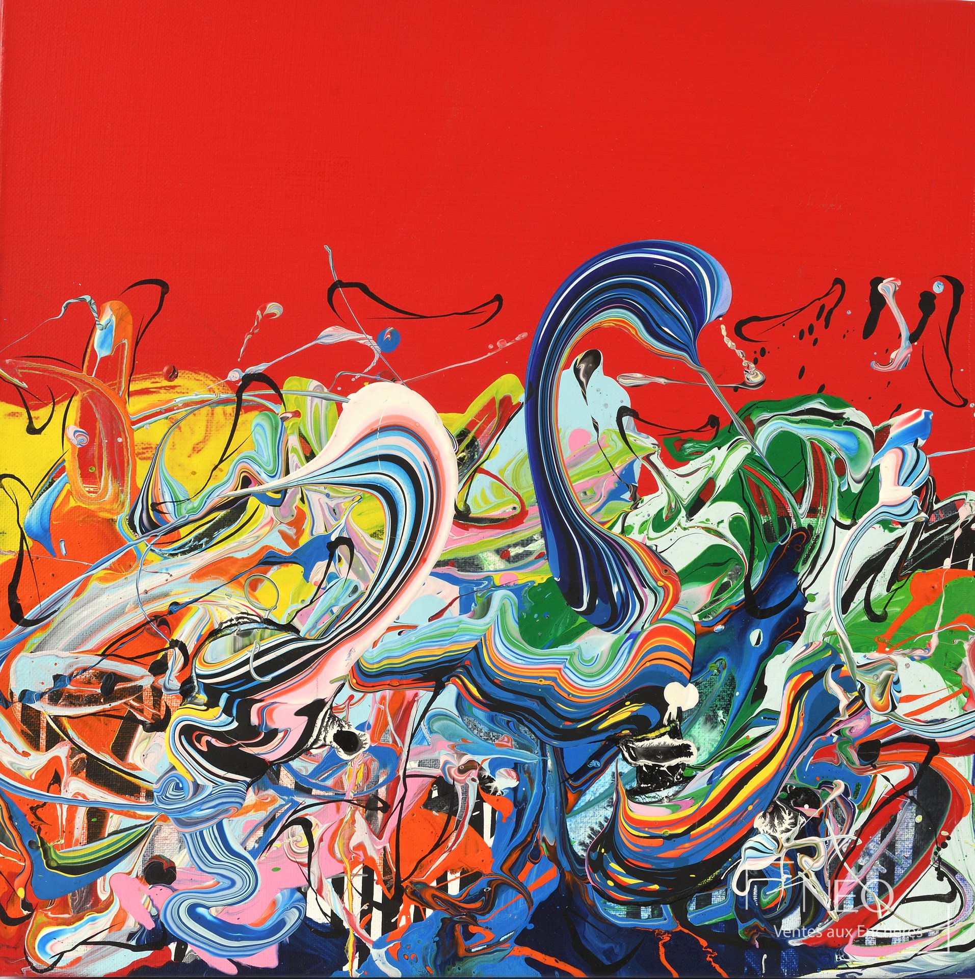 Composition abstraite de Katrin Fridriks sur fond rouge avec coulures multicolores