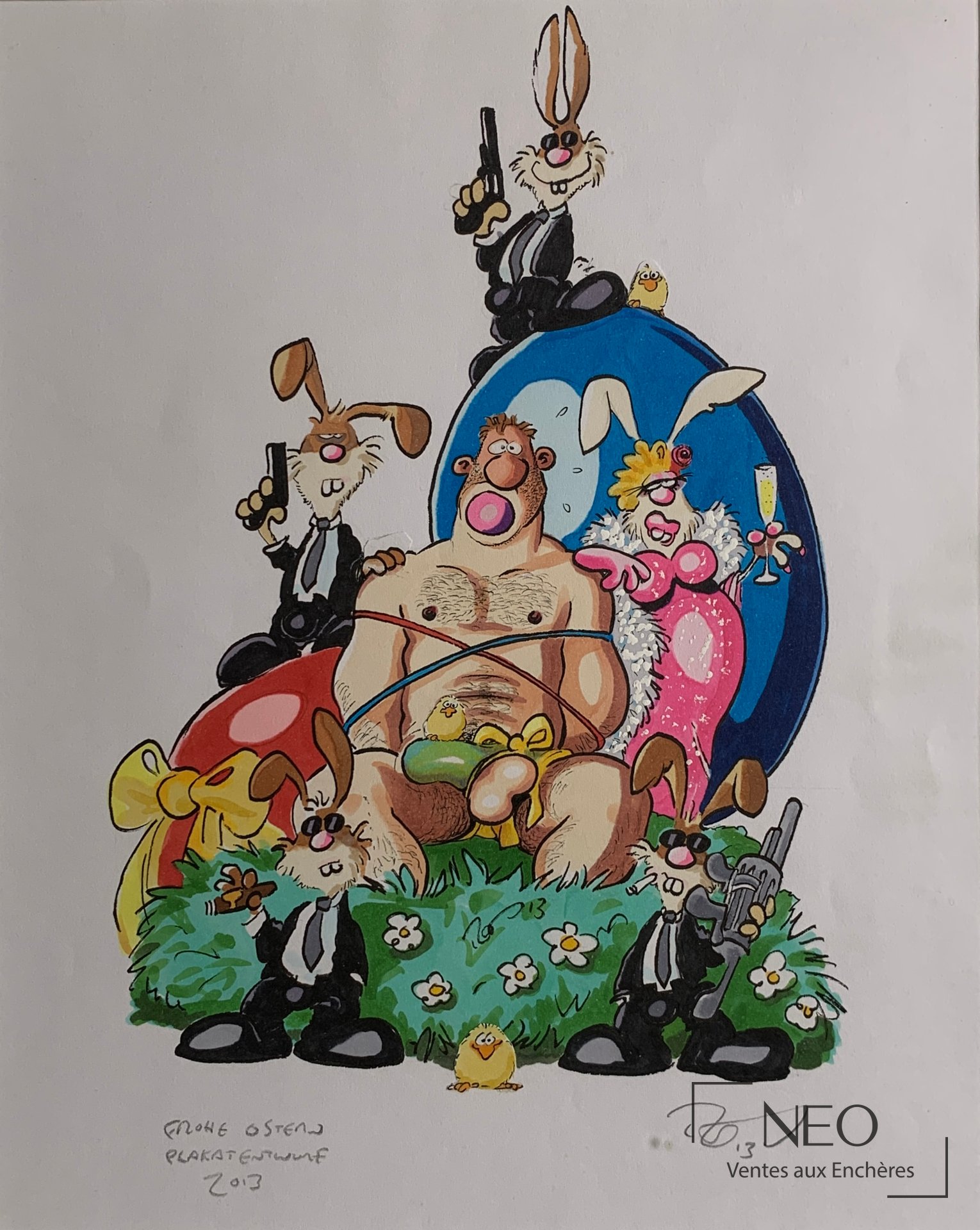 KONIG Ralph, Joyeuses Paques, illustration humoristique signée et datée 2013