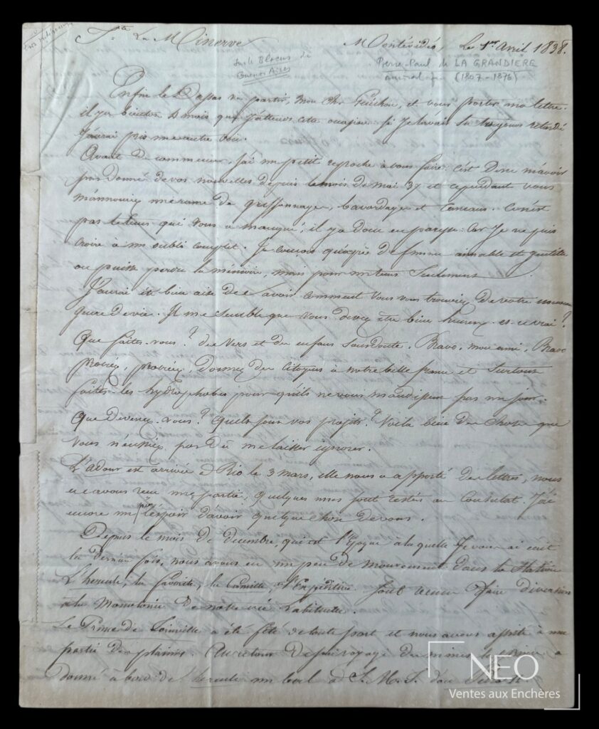Première page d’une lettre autographe signée de La Grandière