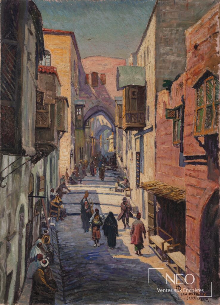 Vue d'ensemble d'une huile sur toile représentant une rue à Jérusalem animée de personnages
