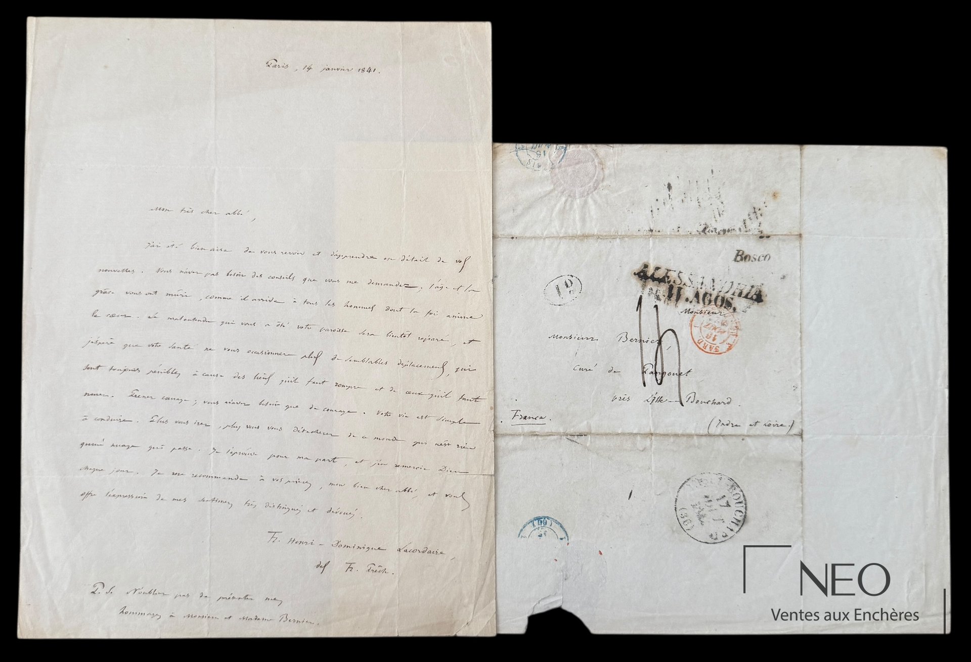 Henri-Dominique Lacordaire Ensemble de deux lettres autographes, 1841 et 1842