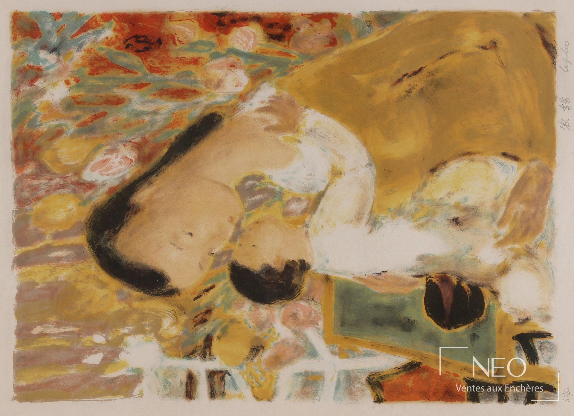 Lithographie en couleurs de Lê Phổ représentant une mère tenant son enfant