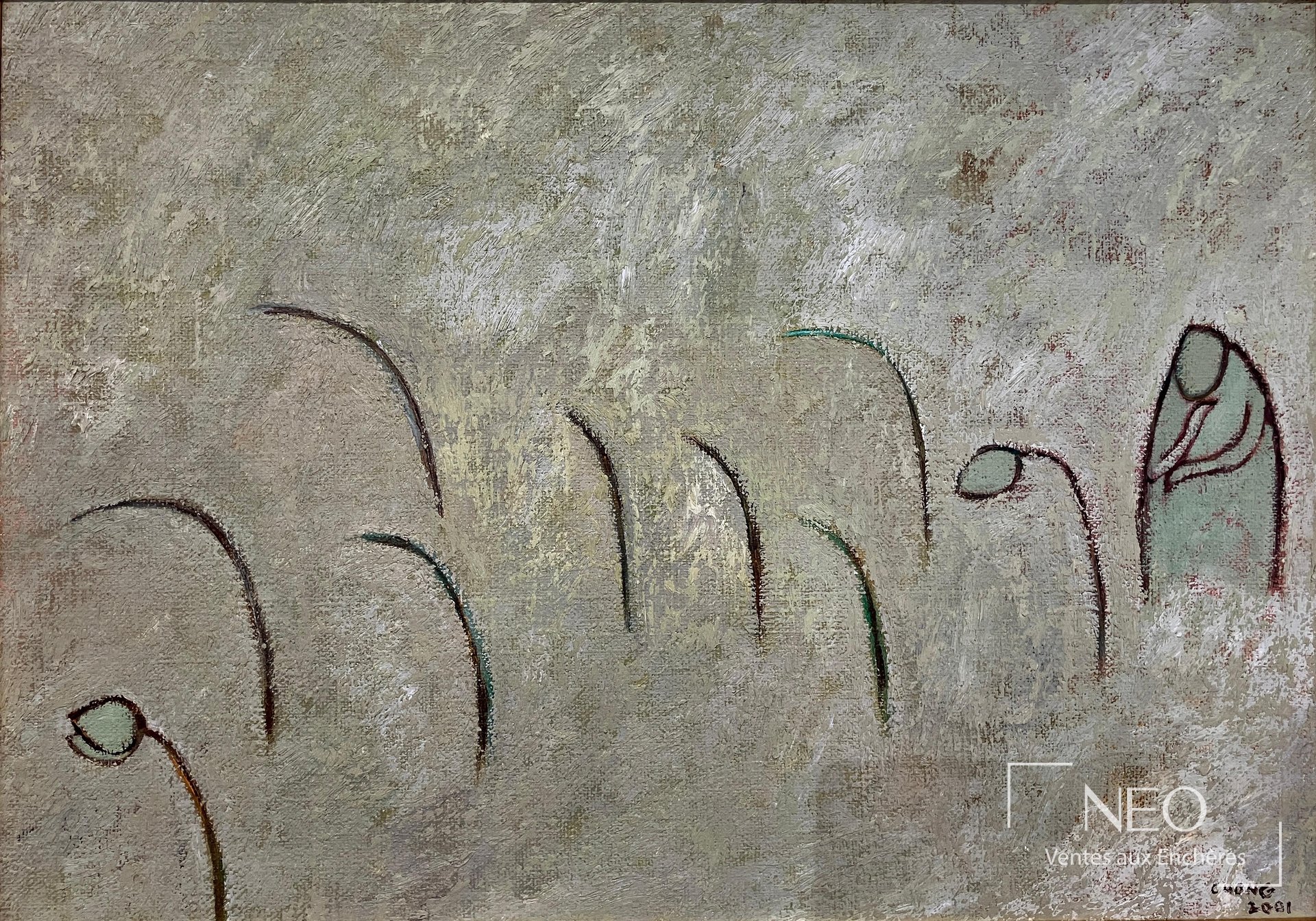 Composition abstraite aux tons verts et gris