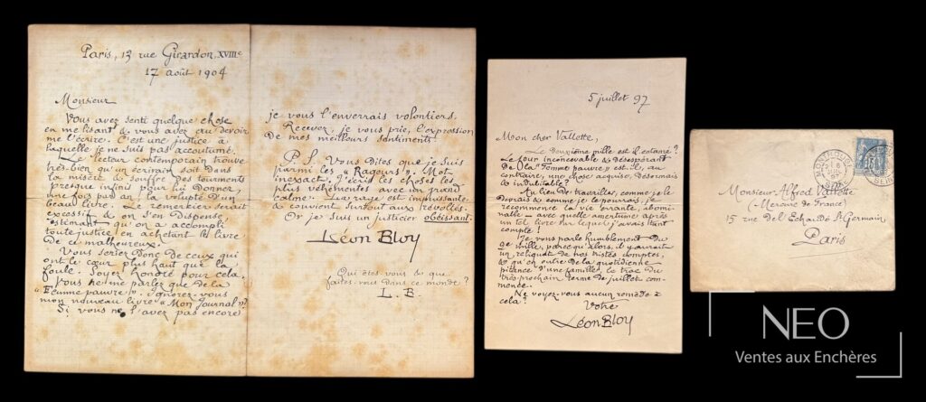 Deux lettres autographes de Léon Bloy et une enveloppe conservée