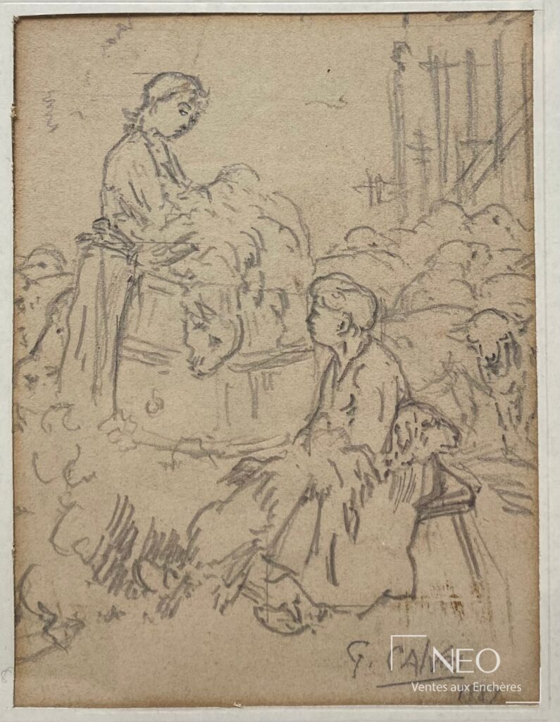 Dessin au crayon sur papier représentant une scène avec personnages et bergères