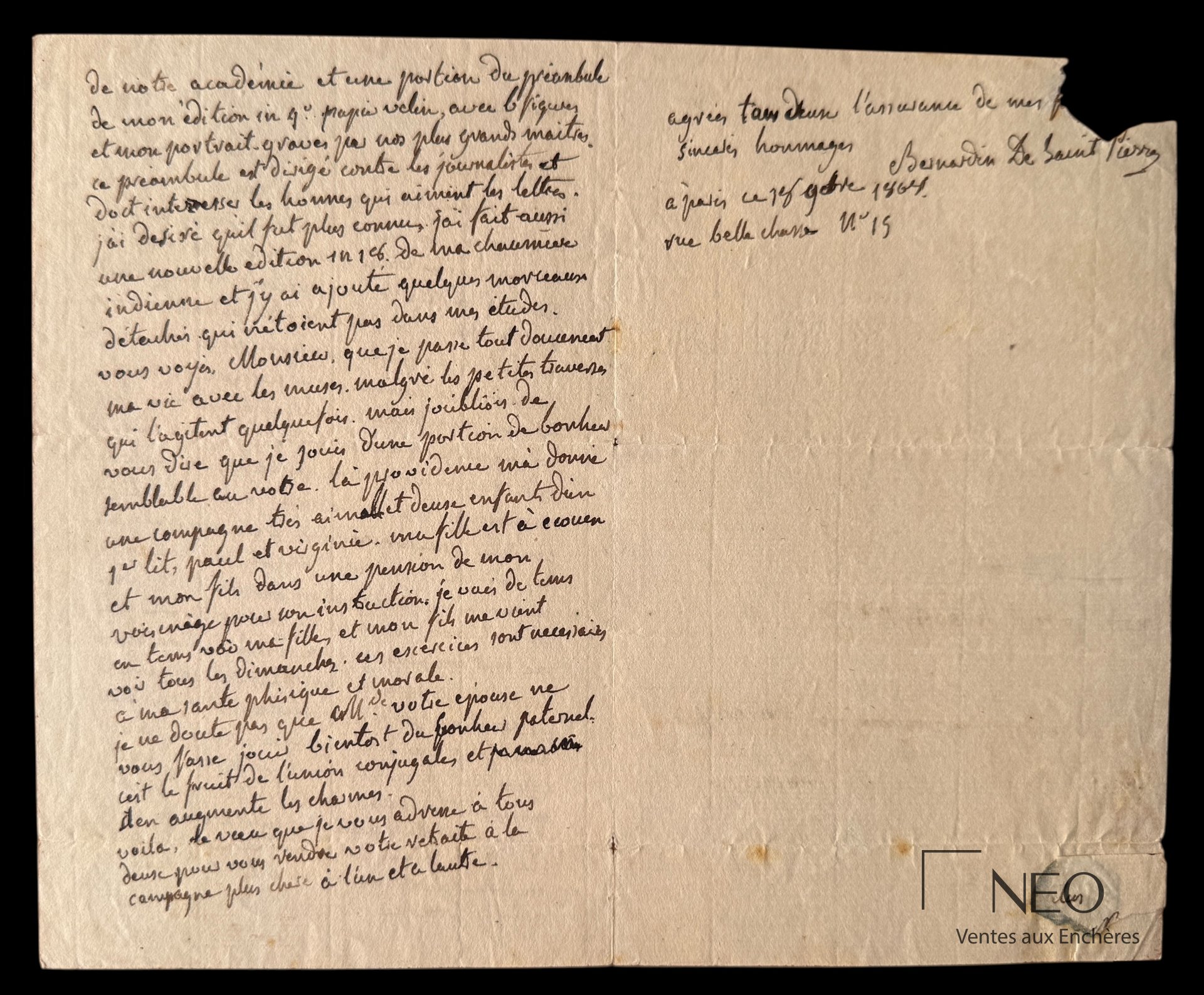Lettre autographe signée de Bernardin de Saint-Pierre, Paris, 1808