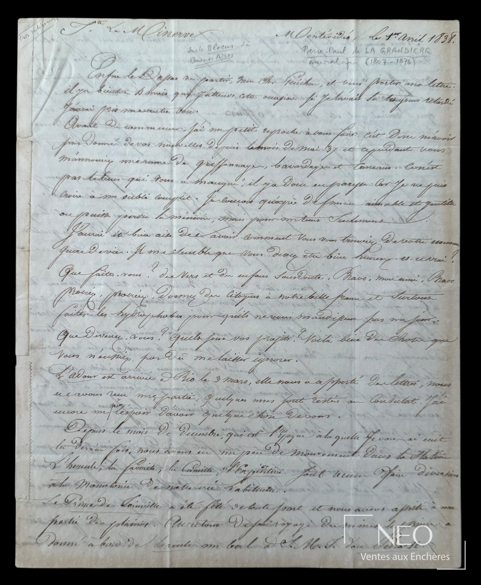 Première page manuscrite d'une lettre de Pierre Paul de La Grandière