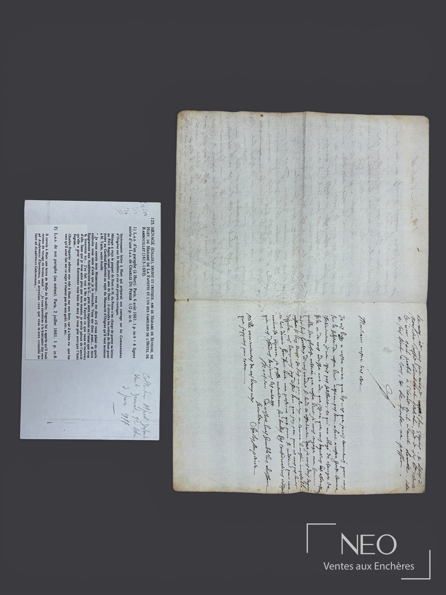 Ménage (Giles, Abbé) — lettre autographe signée à Huet, Paris, 6 août 1661