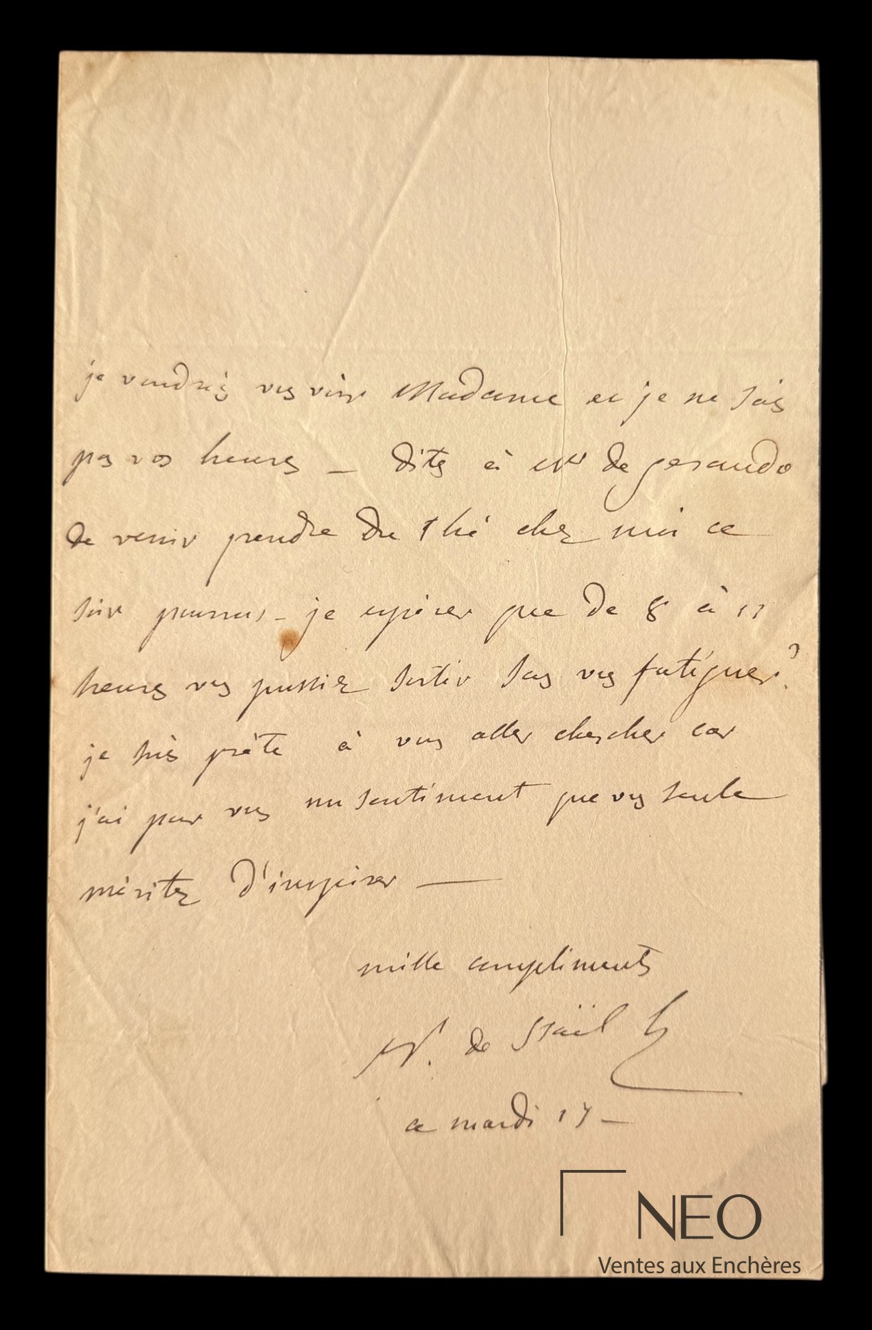 Lettre autographe signée de Staël, adressée à Madame de Gérando