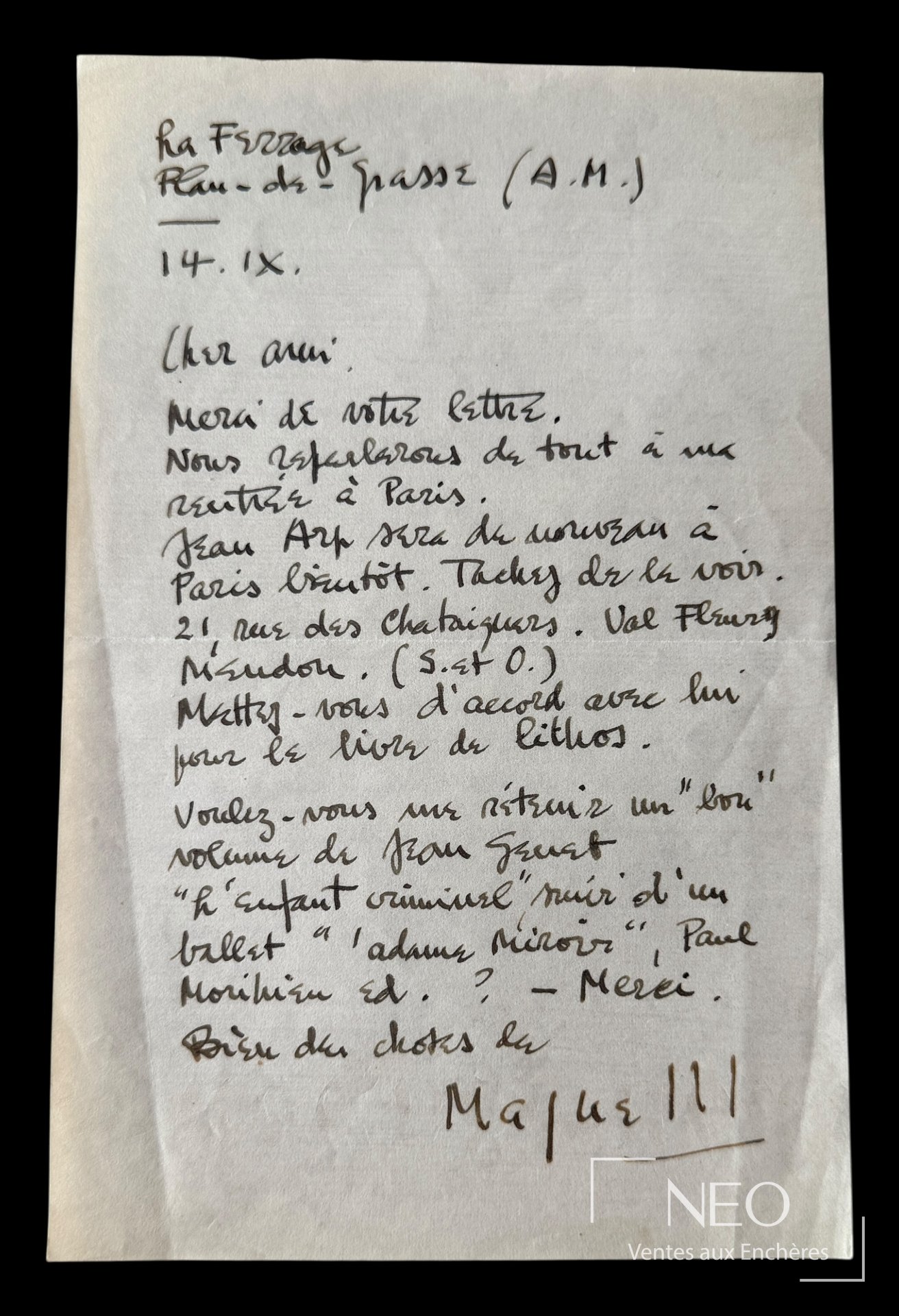 Magnelli Lettre autographe signée à La Ferrage, Plan-de-Grasse