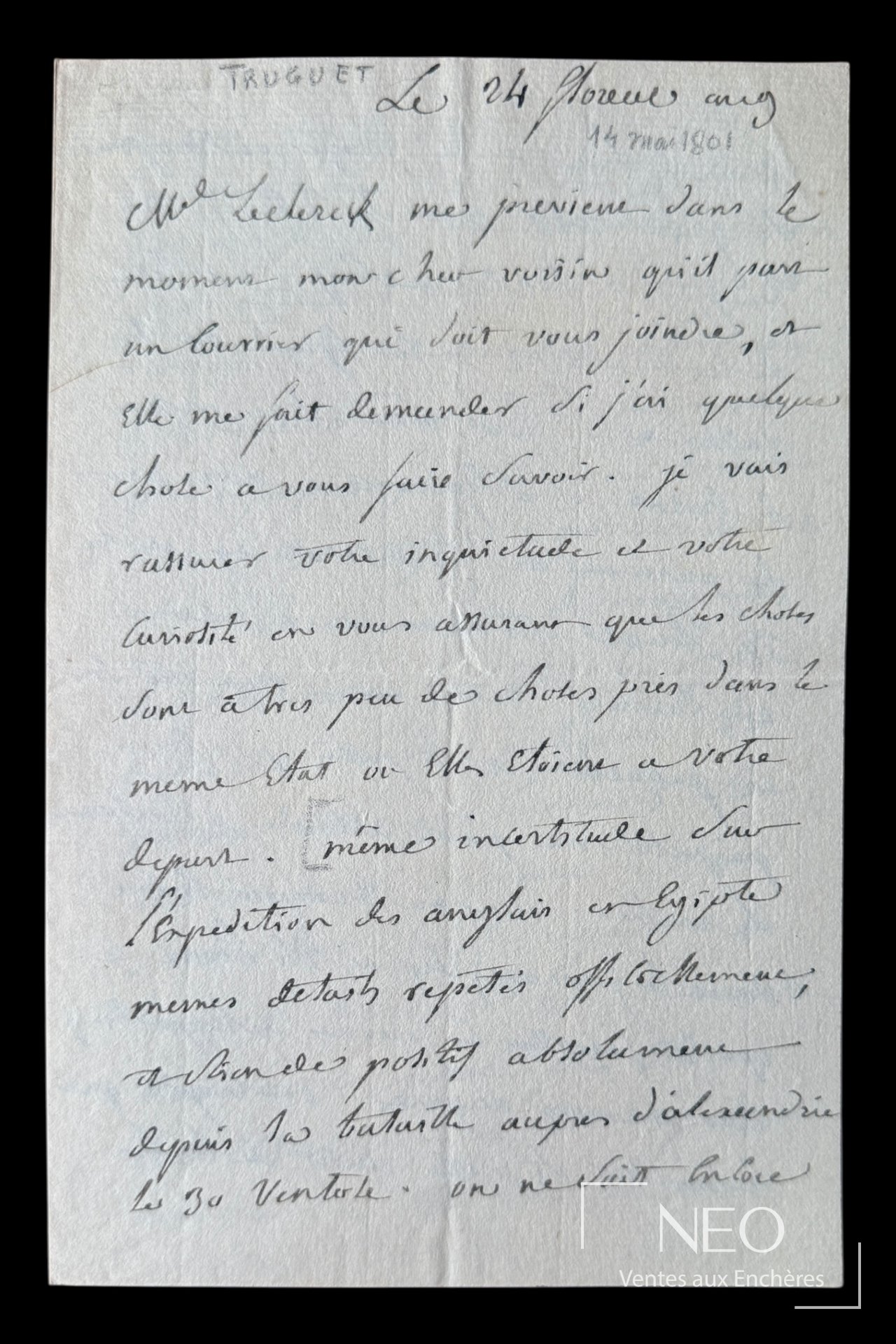 Première page manuscrite d'une lettre signée Truguet
