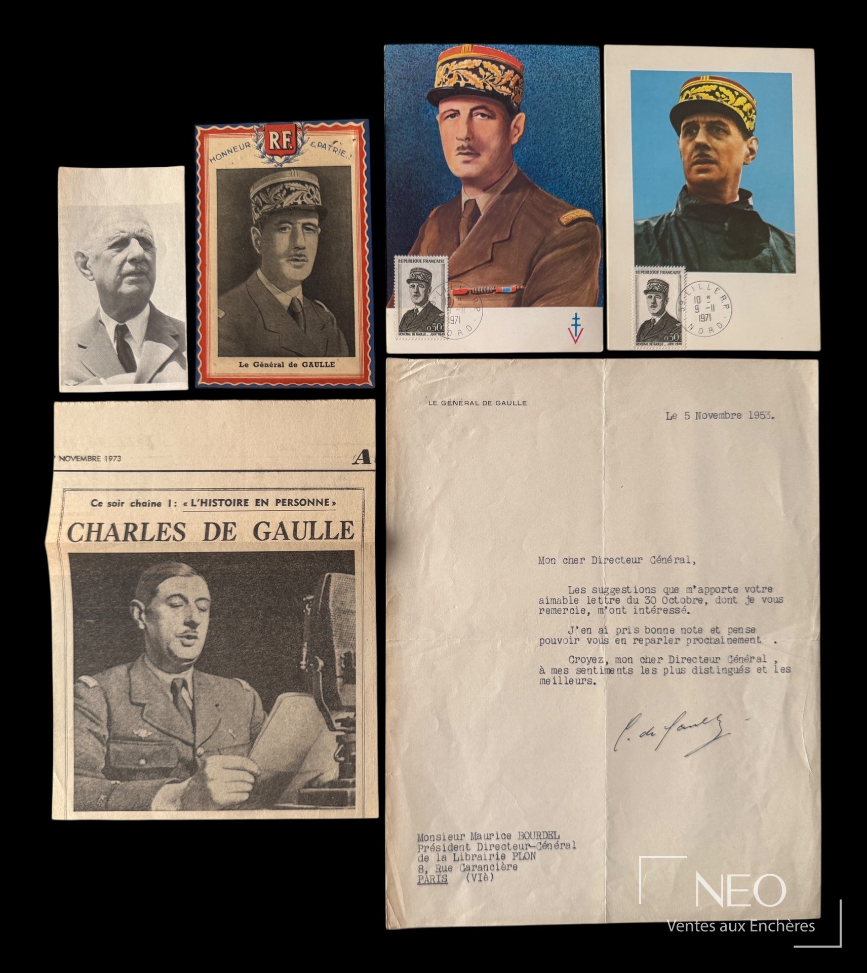 Charles de Gaulle, lettre dactylographiée signée à Maurice Bourdel, 5 novembre 1953