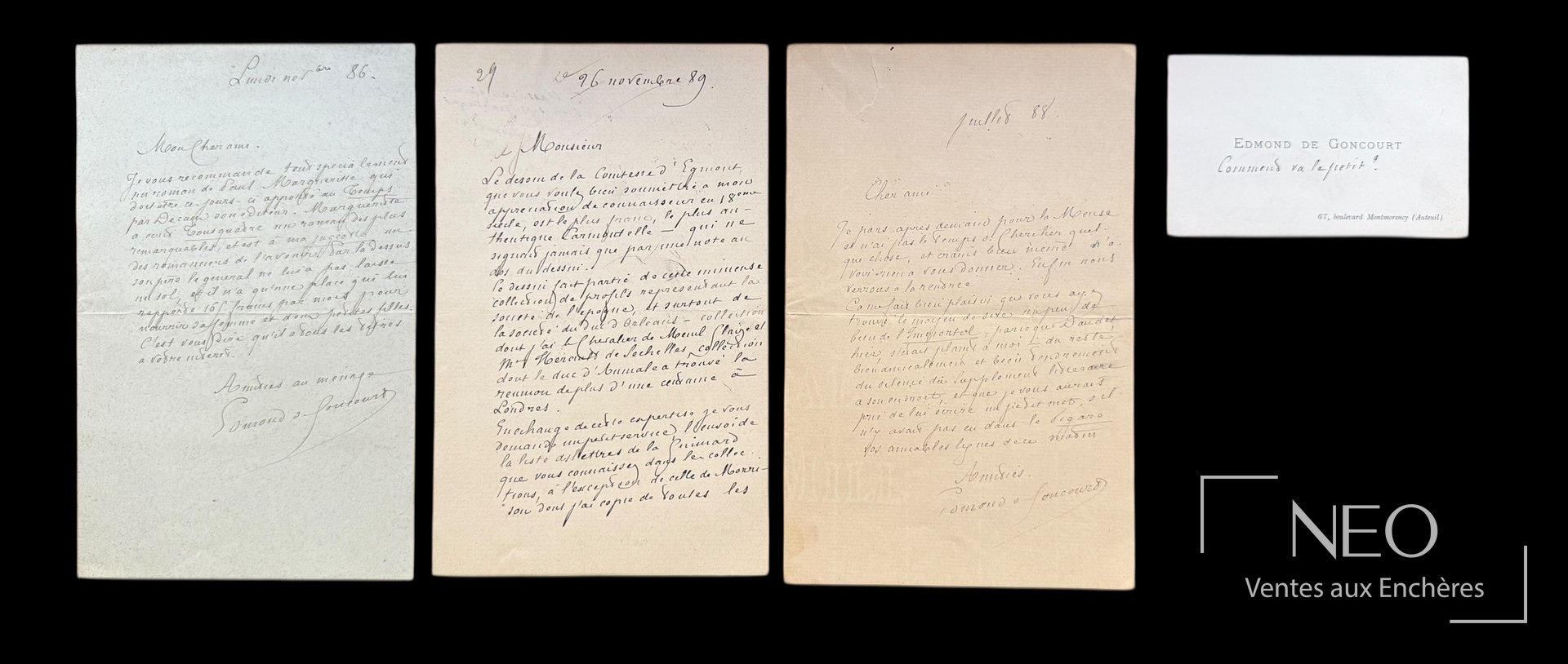 Ensemble de lettres autographes signées et carte Edmond et Jules de Goncourt