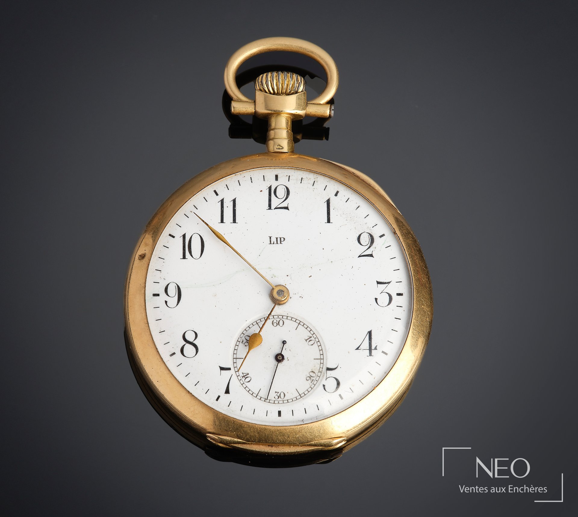 Montre de poche LIP en or jaune avec cadran émaillé blanc et petite seconde