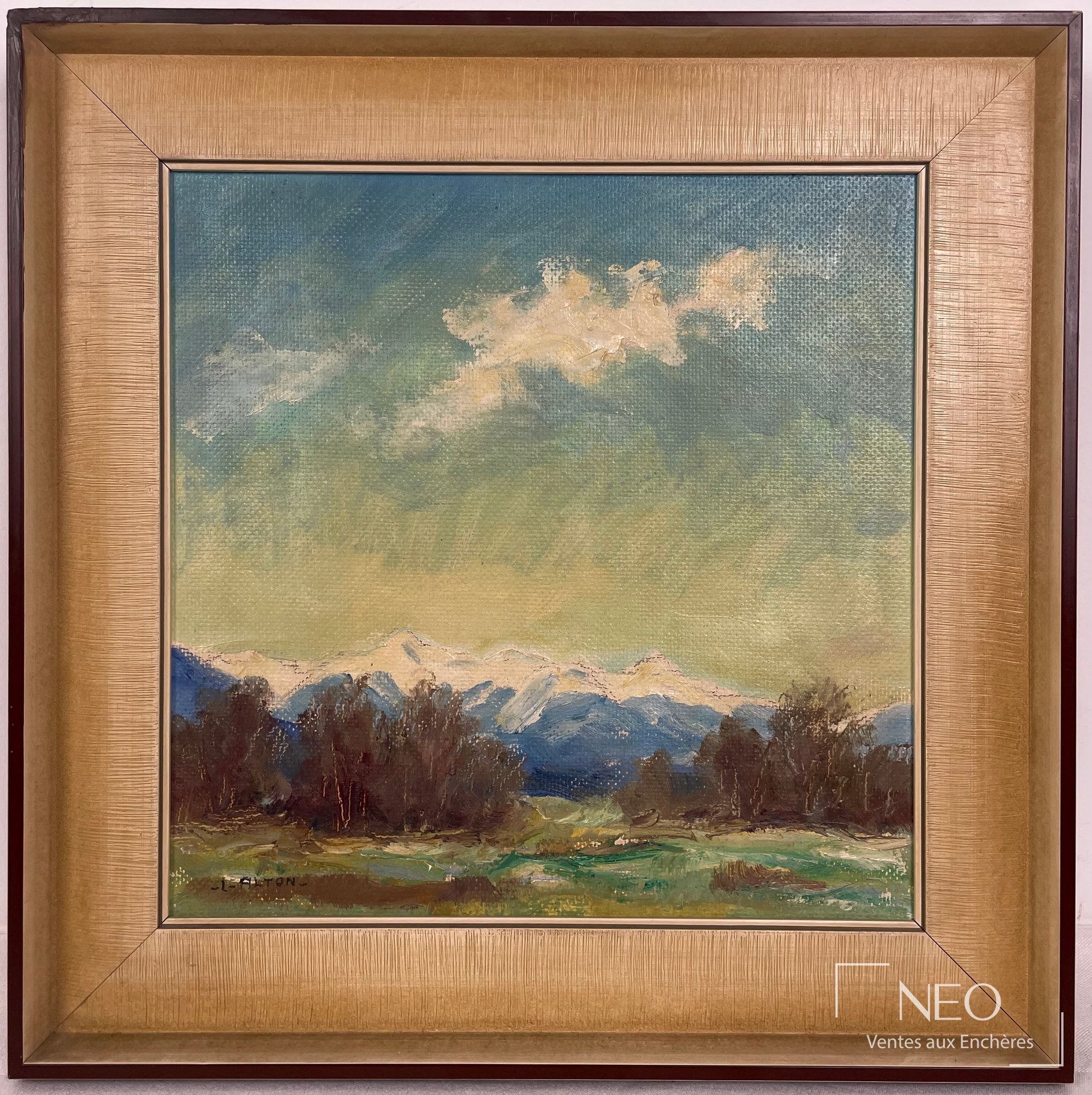 Paysage peint à l'huile sur isorel dans un cadre doré