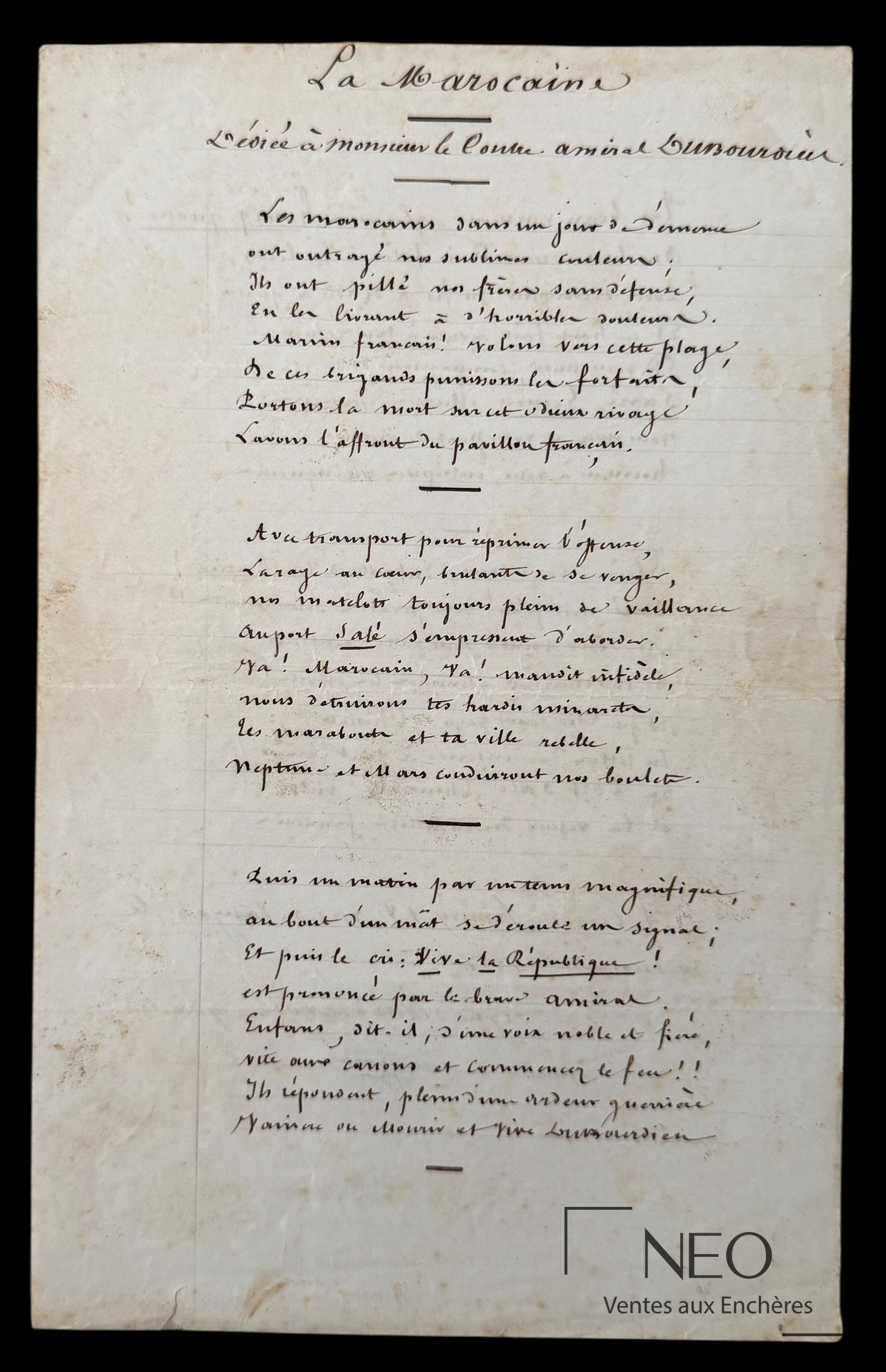 Première page d'un manuscrit autographe intitulé La Marocaine
