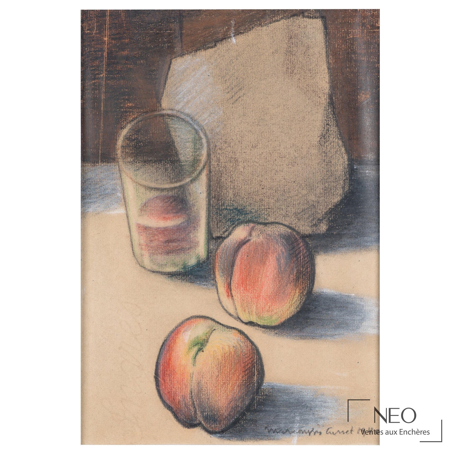 Nature morte au pastel représentant des pêches