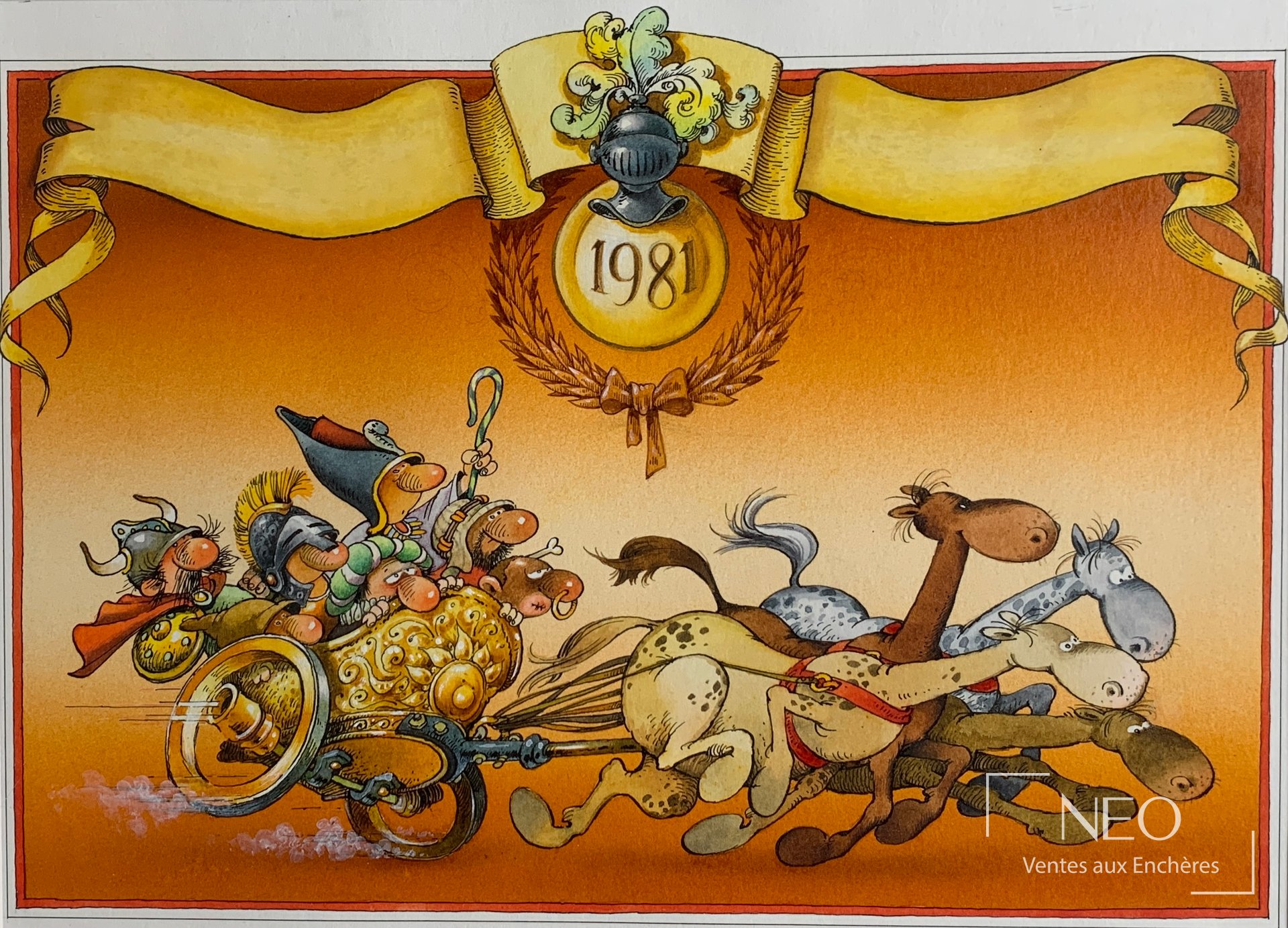LOUP Jean Jaques, La course de char, couverture de calendrier Quo Vadis, 1981