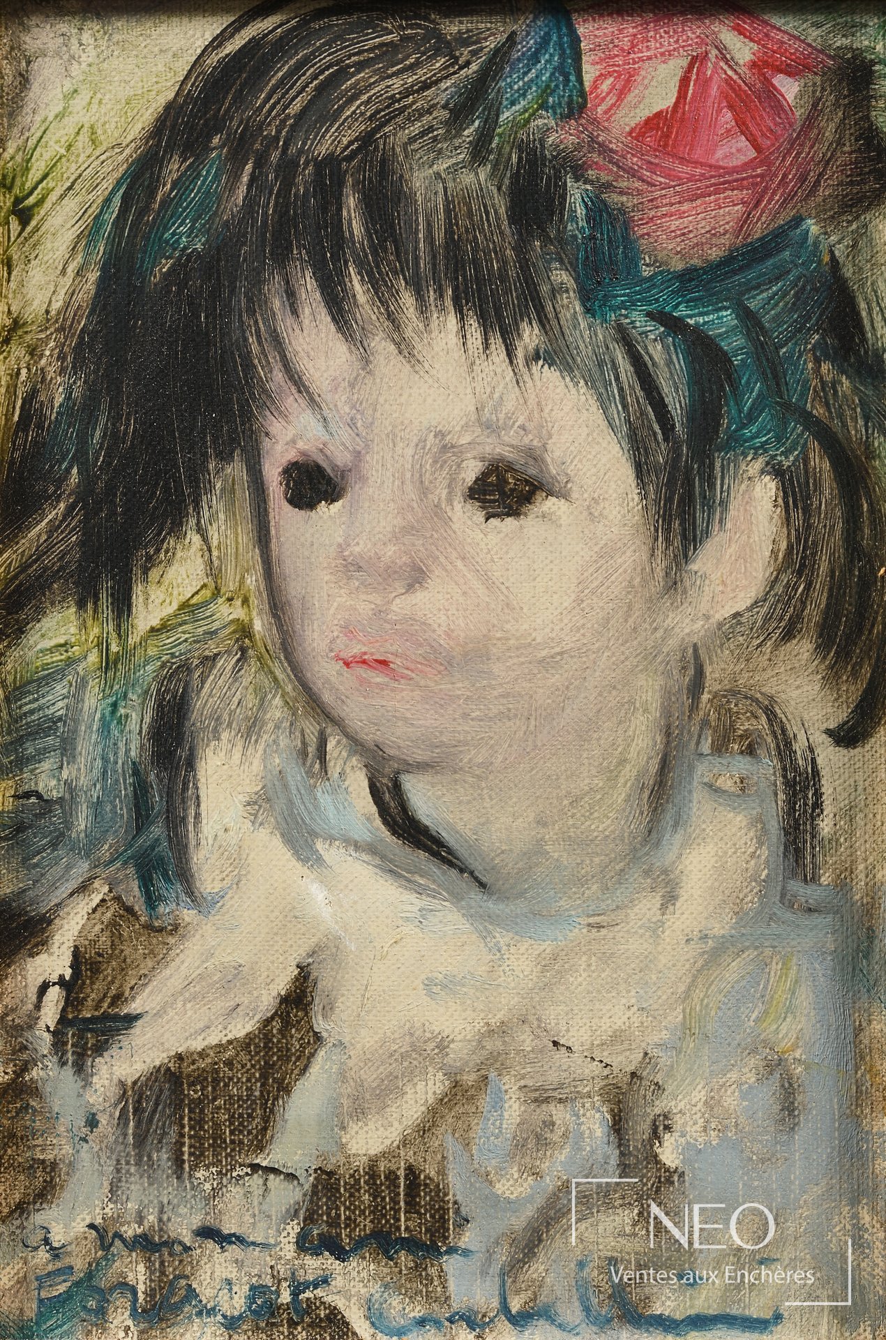 Portrait peint d'une jeune fille aux cheveux noirs et aux touches colorées