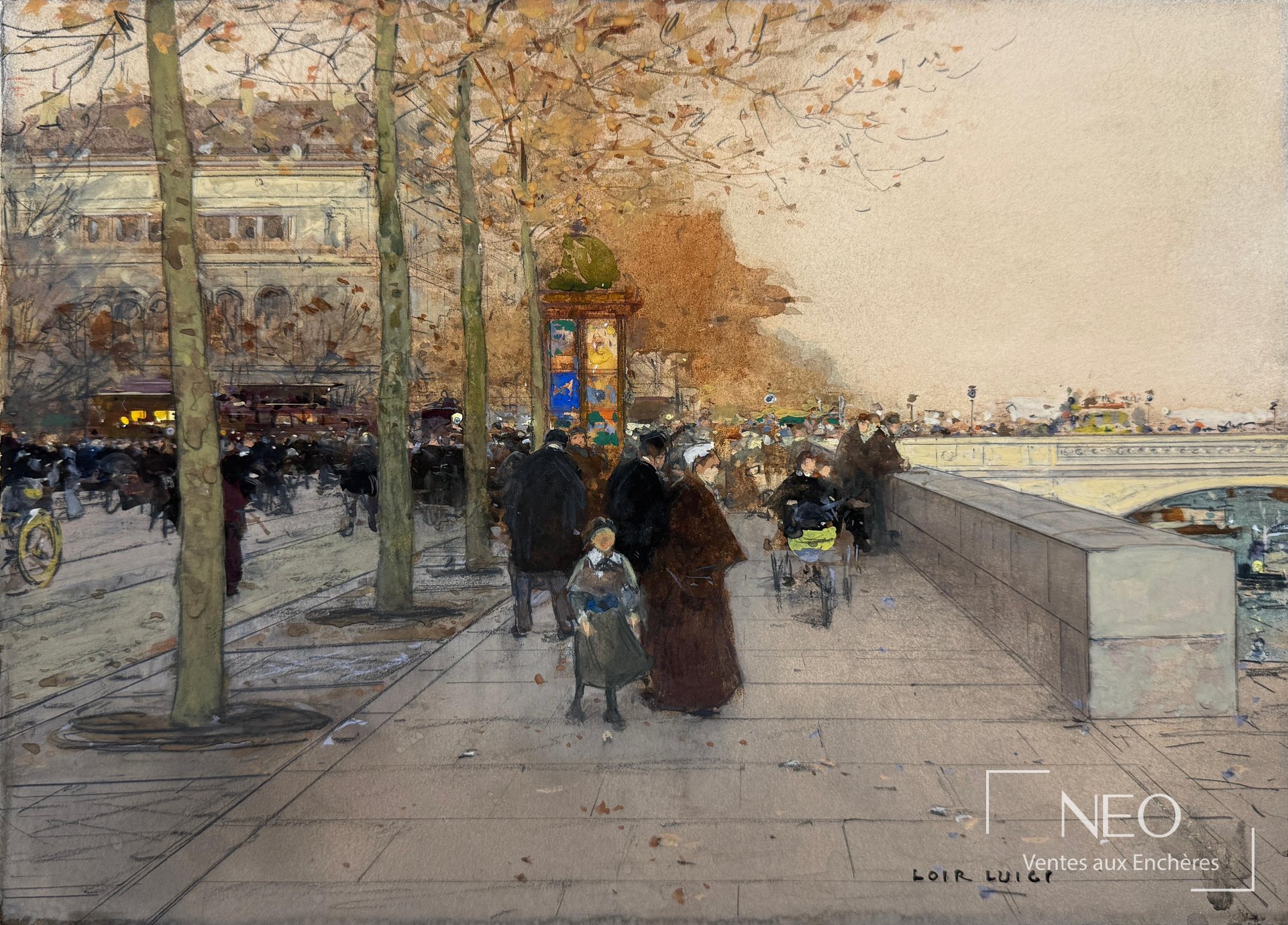 Vue d'ensemble de l'aquarelle de Luigi Loir représentant les bords de Seine à Paris