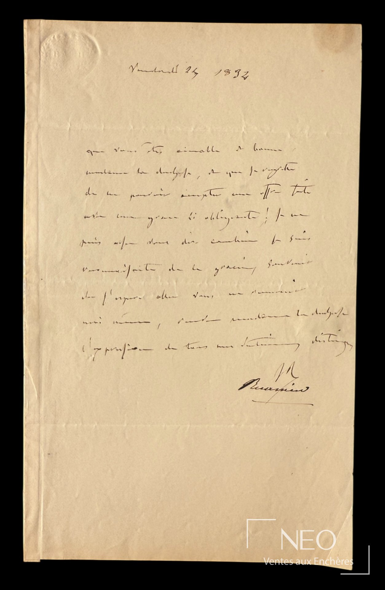 Madame Récamier, lettre autographe signée à la duchesse de Saxe