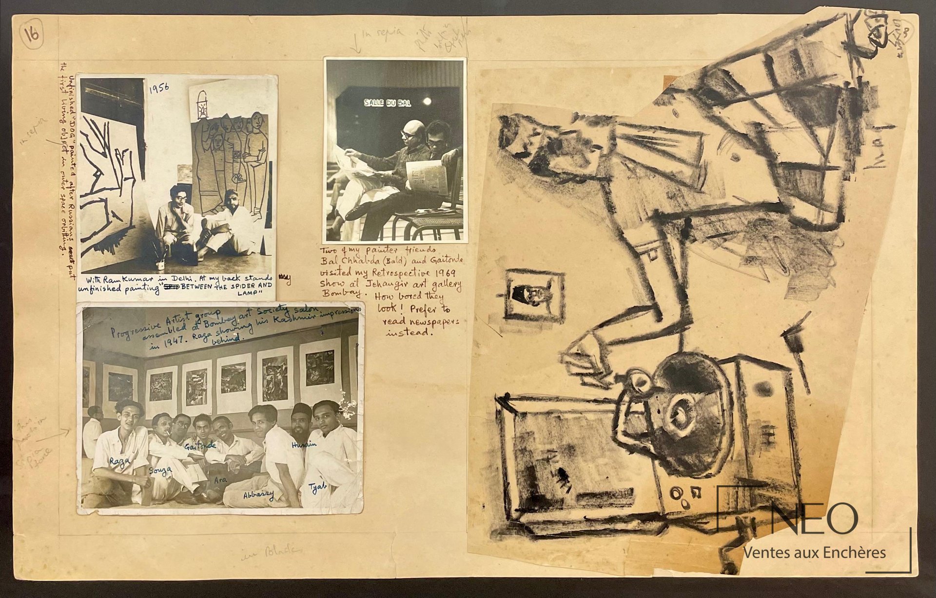Maqbool Fida Husain, Progressive Artists&rsquo; Group, technique mixte sur papier