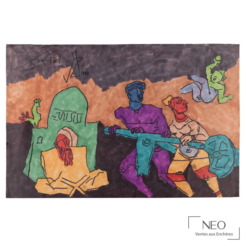 Scène de rue colorée au feutre sur papier